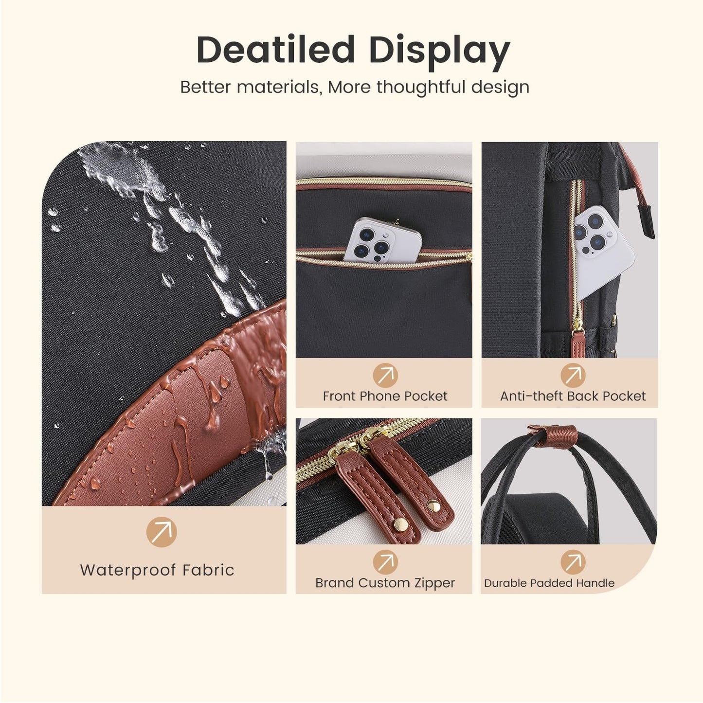 Stylish 15.6" Laptop Backpack for Women, Waterproof Travel Bag, Large Capacity,3