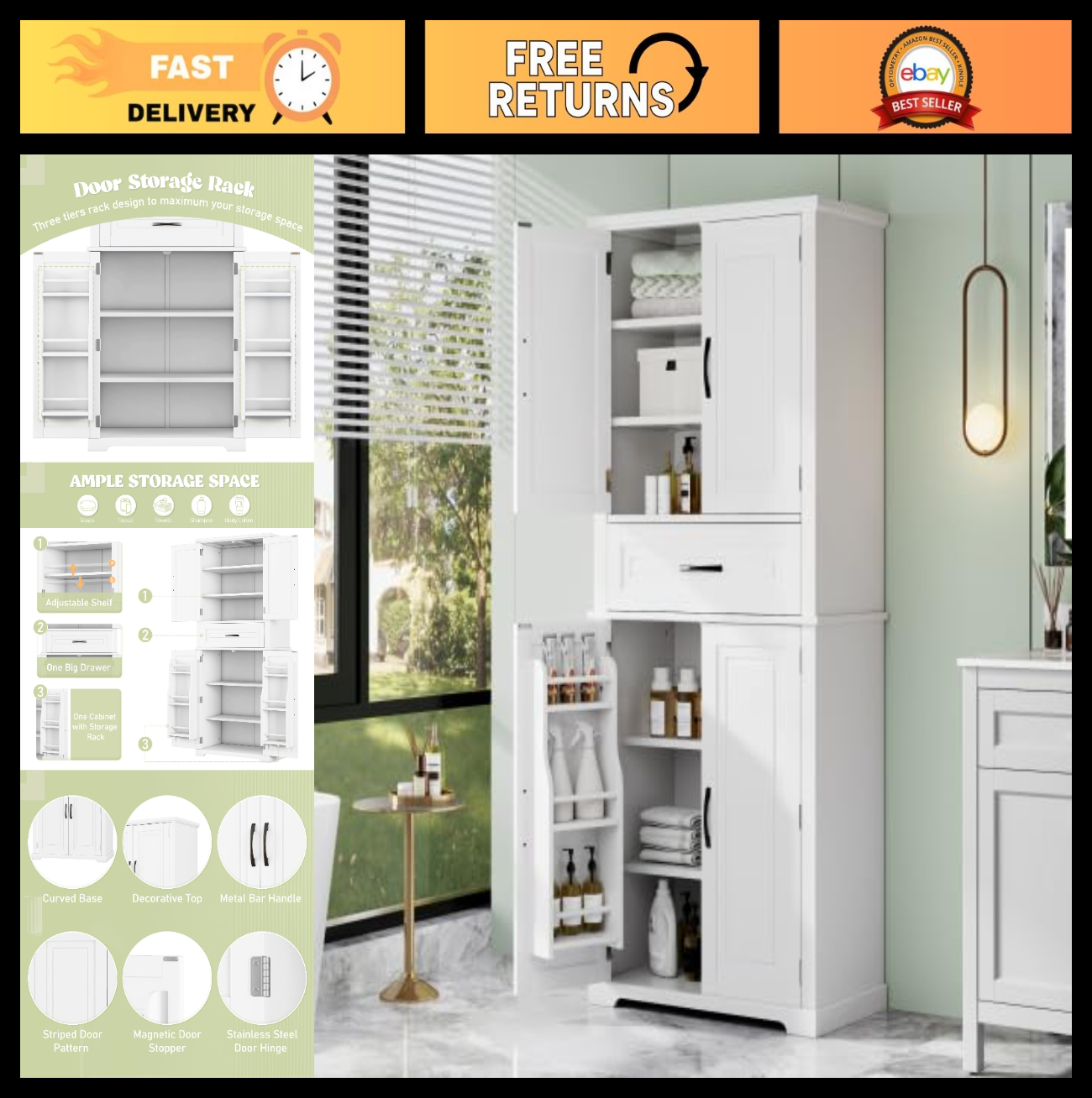 72" Tall Storage Cabinet - Kitchen Pantry with Adjustable Shelves & Slide Drawer0