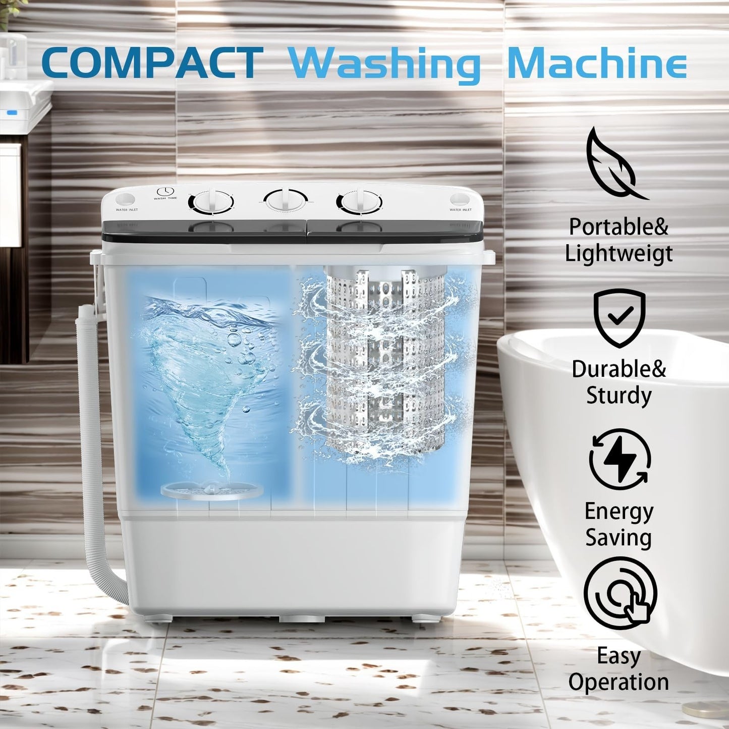 Compact Twin Tub Washing Machine 19lbs with Drying Rack & Hangers, 1500rpm Mini4