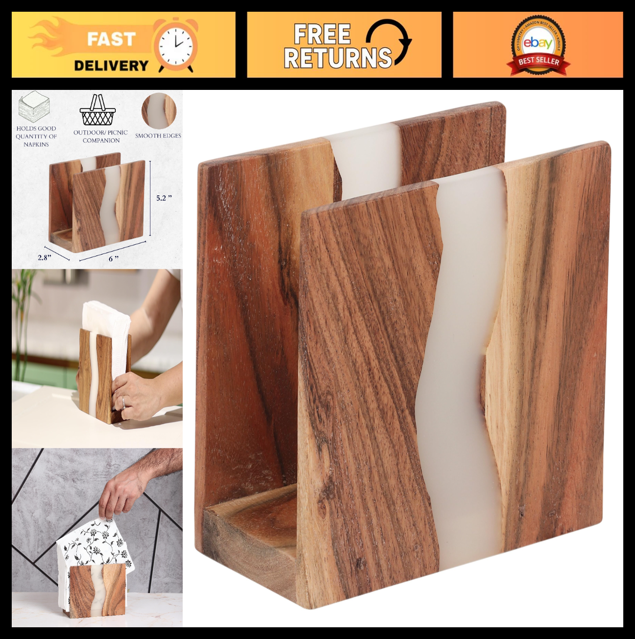 Rustic Acacia Wood & Epoxy Resin Napkin Holder - Farmhouse Kitchen Organizer 6x50