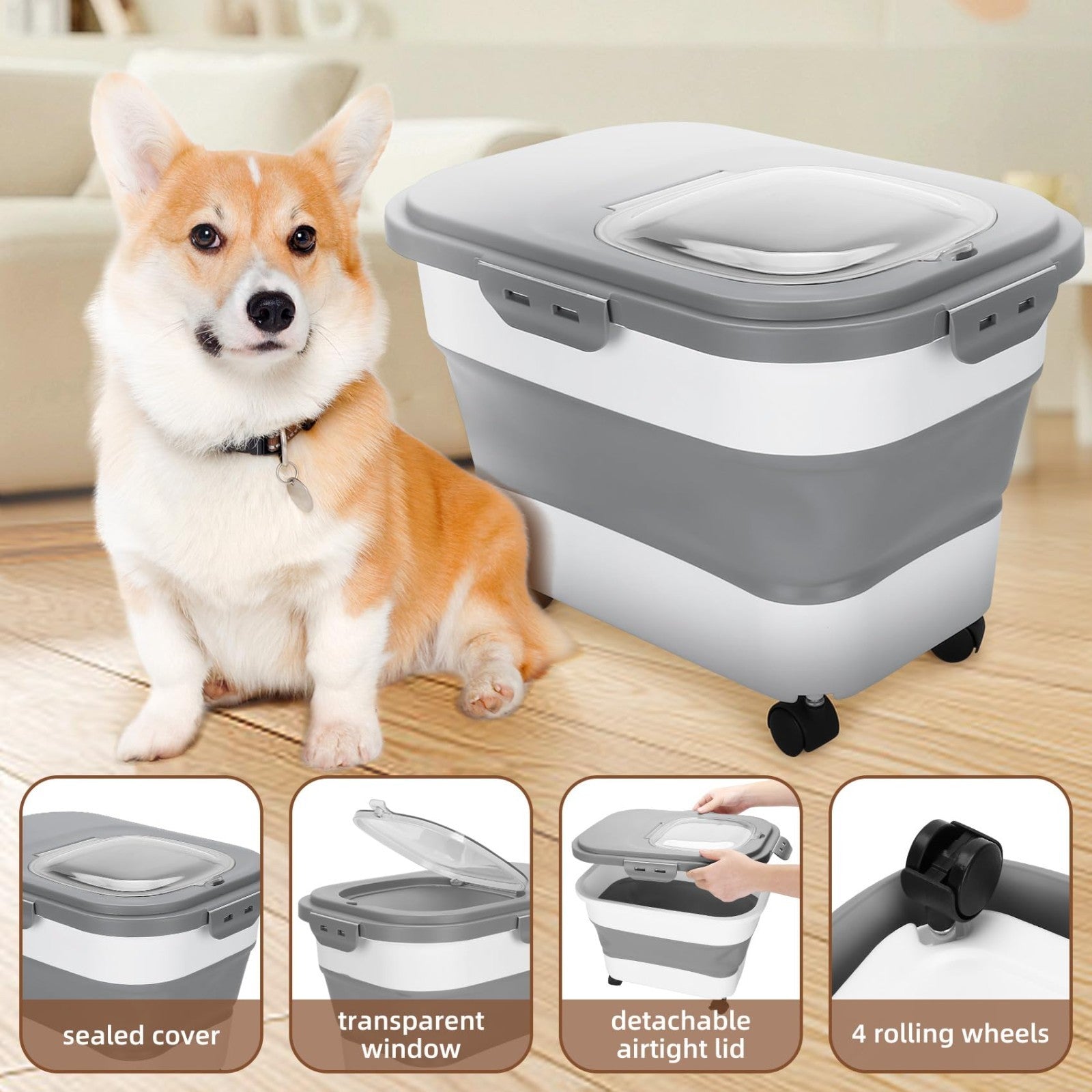Airtight Dog Food Storage Container 17 lb with Wheels, Removable Lid & Scoop3