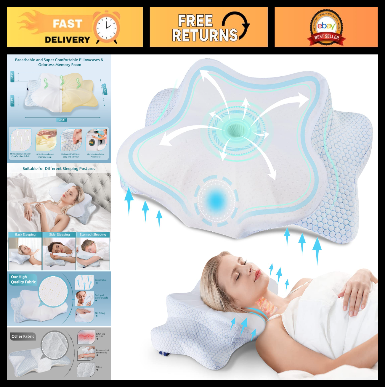 Ergonomic Memory Foam Cervical Pillow for Neck Pain Relief   Comfortable Sleep A0