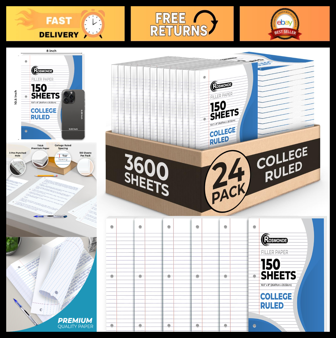 Bulk Loose Leaf Paper, 3600 Sheets, College Ruled, 8" x 10.5", 3 Hole Punched, O0