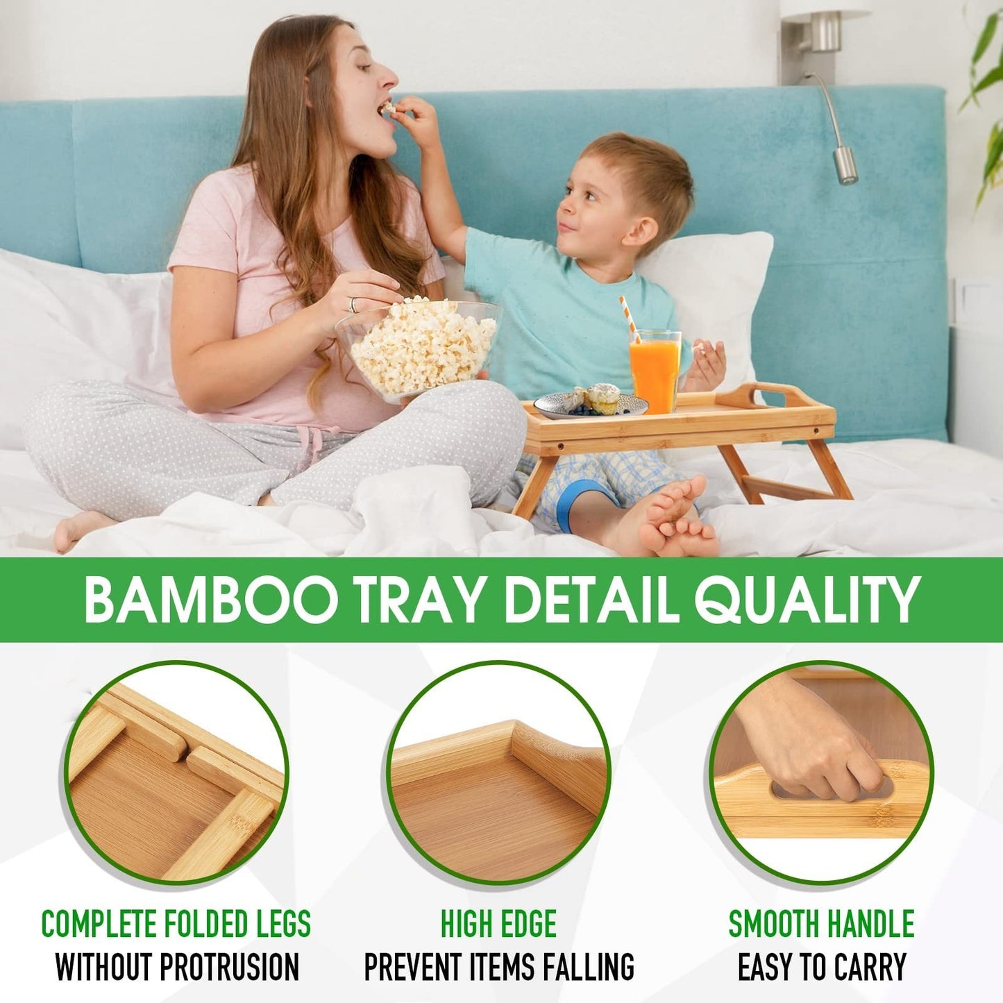 Folding Bed Tray Table with Handles - Bamboo Snack & Breakfast Lap Desk for Sofa3