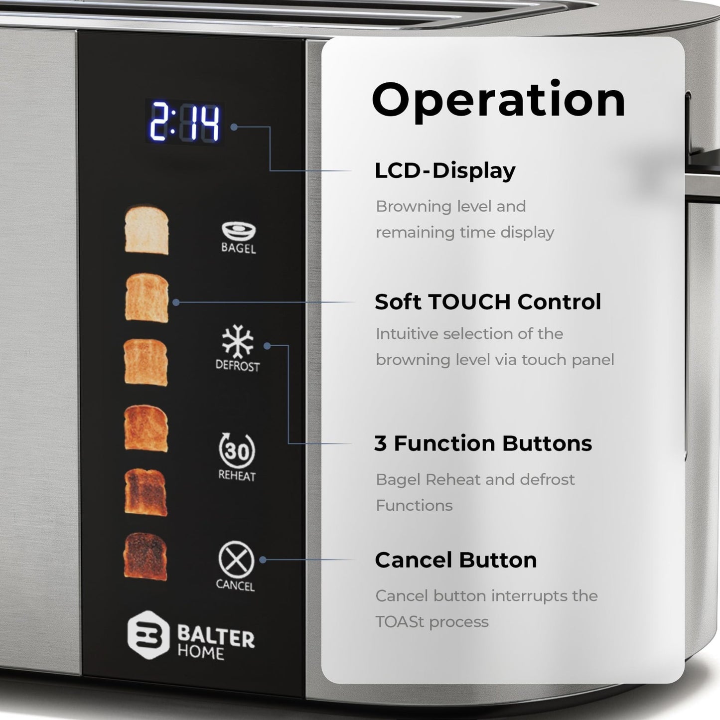 4 Slice Stainless Steel Toaster with Wide Slots, Bagel Function & Touch Screen5