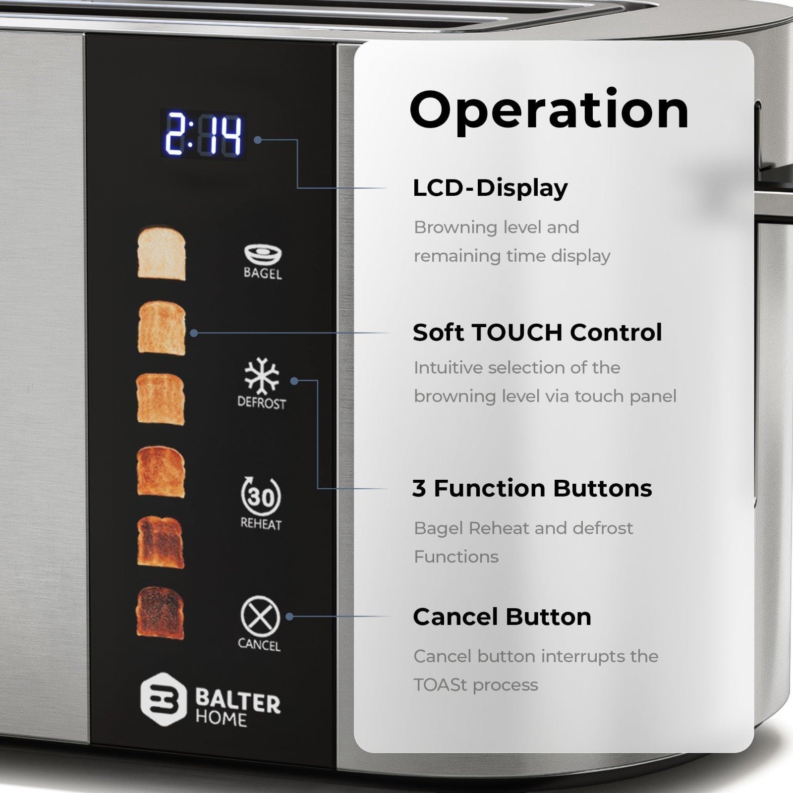 4 Slice Stainless Steel Toaster with Wide Slots, Bagel Function & Touch Screen5