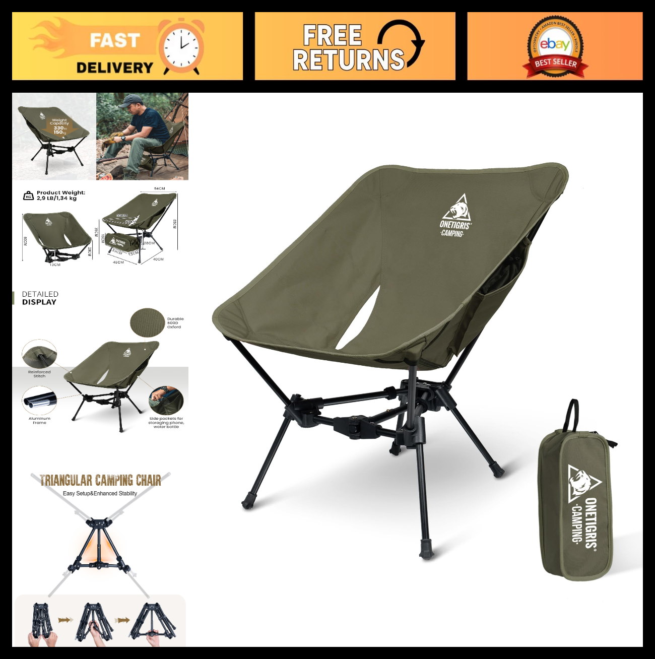 Lightweight Folding Camping Chair - Portable Backpacking Seat, 330 lbs Capacity0