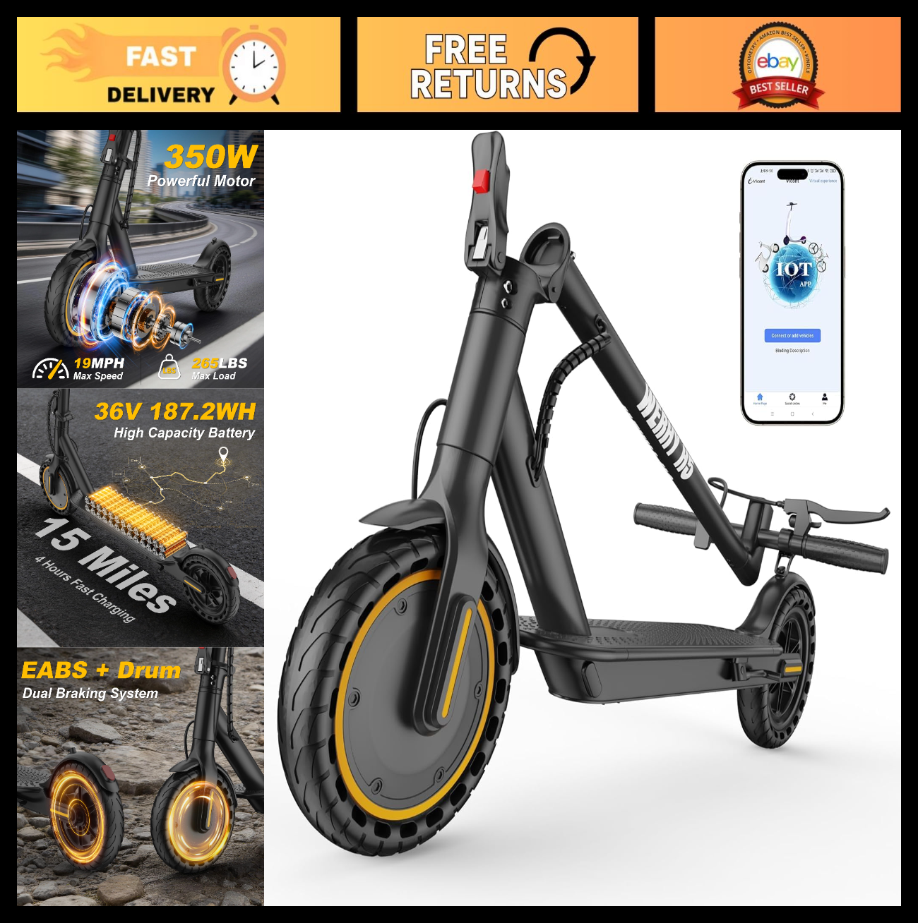 Powerful Electric Scooter 500W Motor, 19MPH Speed, 16-27 Miles Range, Folding E-0