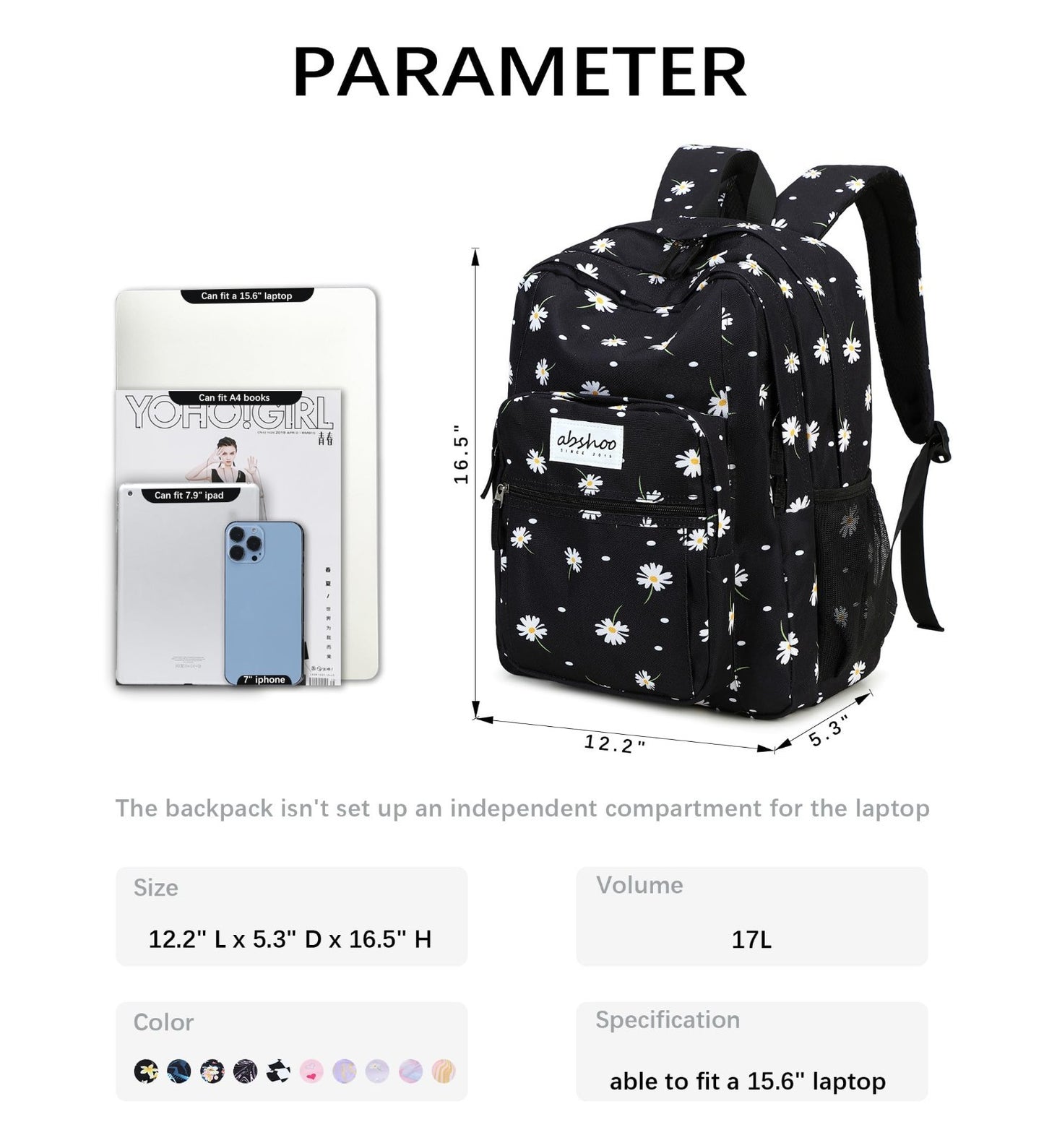Water Resistant Daisy Backpack for Women & Teens   School, College Bookbag2
