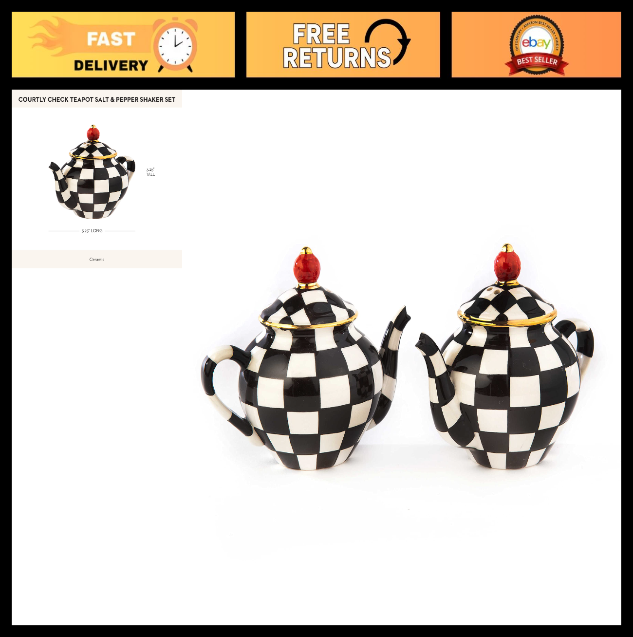 Ceramic Teapot Salt & Pepper Shaker Set - Black & White Checkered Holders0