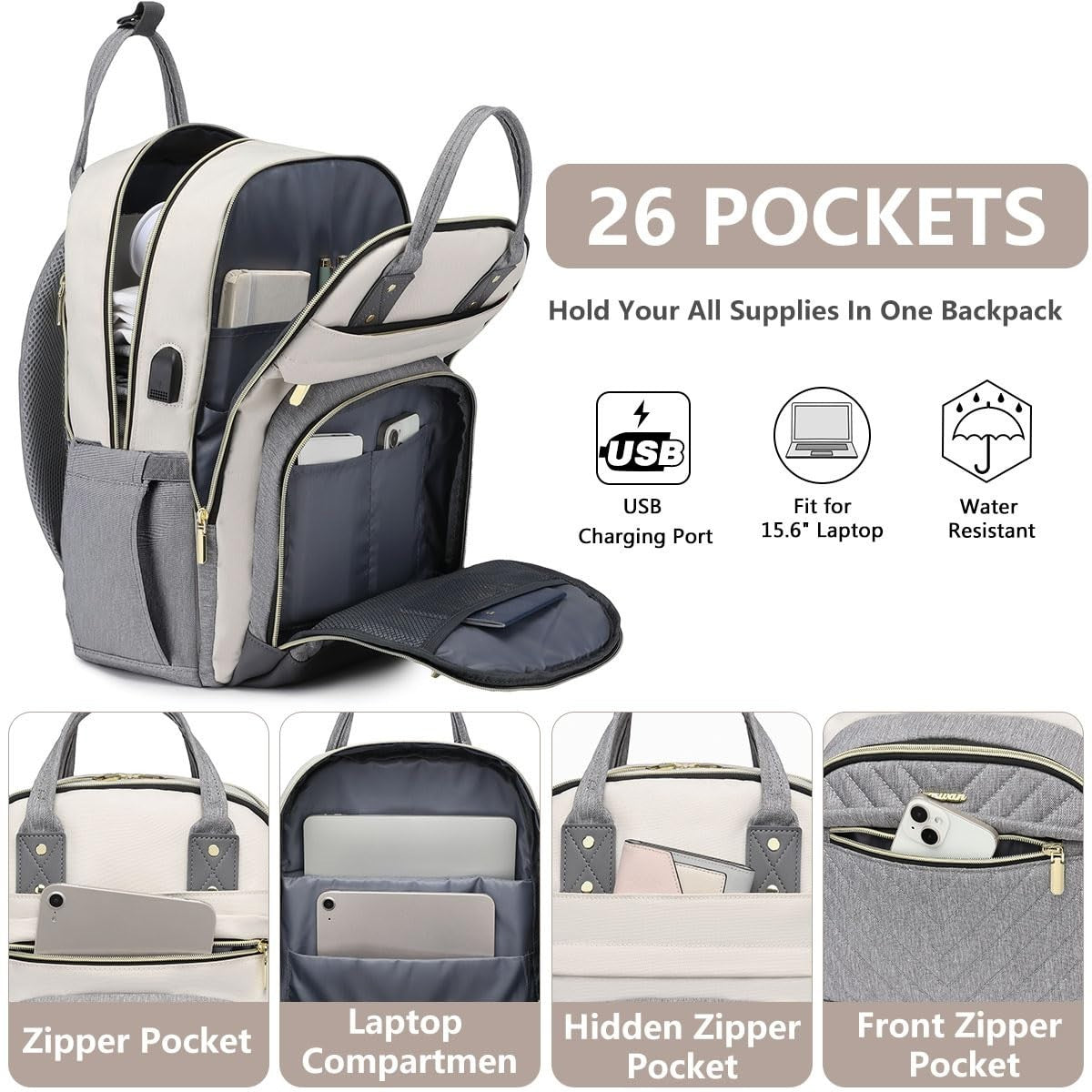 Stylish Laptop Backpack for Women   Travel Purse with USB Charger, 15.6" Waterpr2