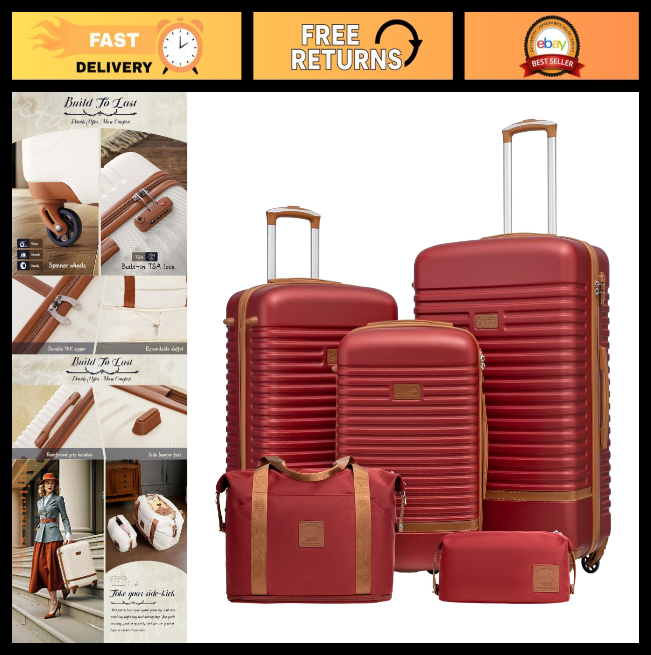5-Piece Red Luggage Set - Carry-On Suitcase with 360° Spinner Wheels, Trolley Sl0