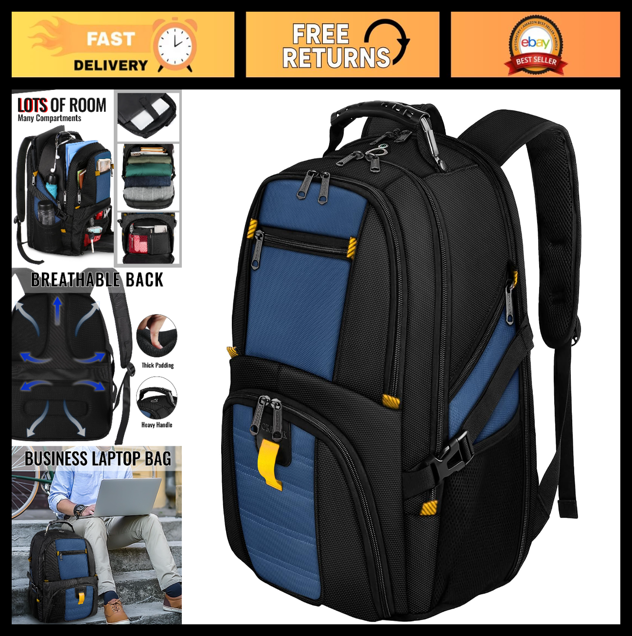 Large Laptop Backpack for Men, Heavy Duty Travel Bag, Waterproof, Multi Compartm0