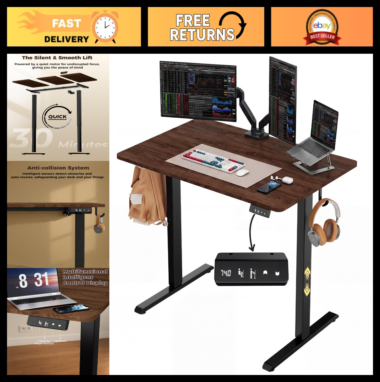 Height Adjustable Electric Standing Desk 48"x24", Ergonomic Sit Stand Desk, Memo0