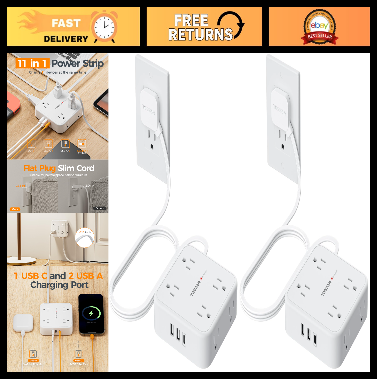 Surge Protector Power Strip 900J Protection, 5 Ft, 2 Pack, White, Multiple Outle0