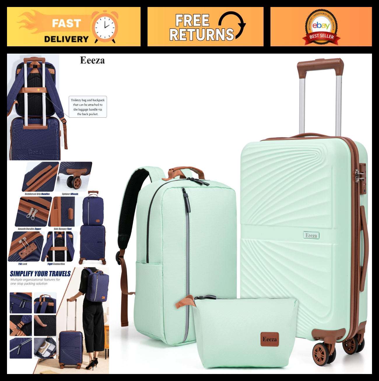 3-Piece Carry-On Luggage Set - Lightweight ABS Hardshell, 360° Spinner Wheels, T0