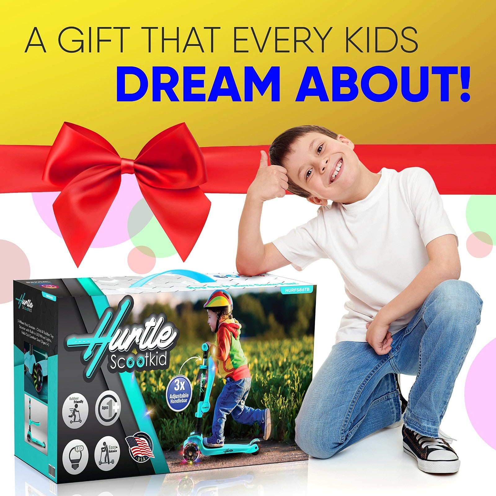 3-Wheeled Kids Scooter with LED Lights, Adjustable Handlebar, Foldable Seat - Si5