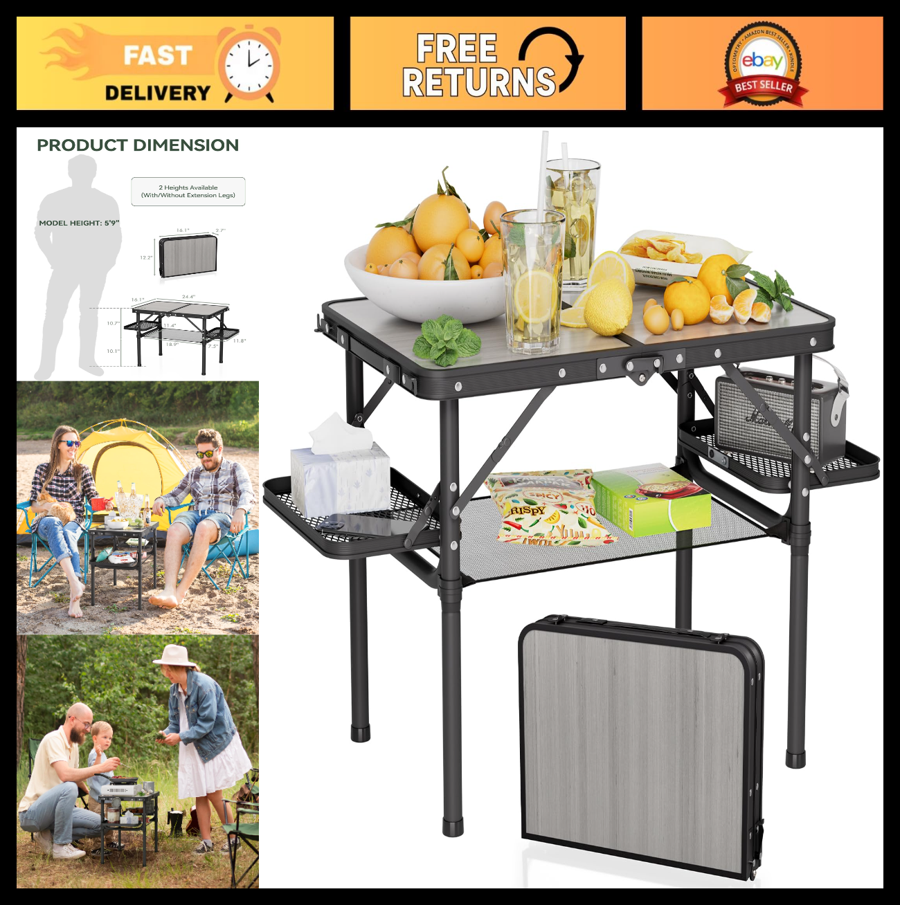 Portable Folding Camping Table 2ft - Lightweight Picnic Desk with Storage Racks0
