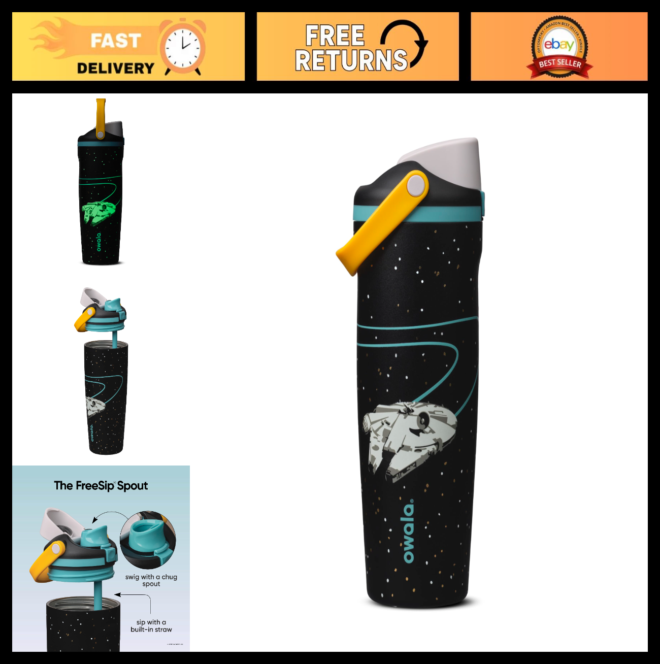30 oz Star Wars Water Bottle, FreeSip Sway, Millennium Falcon Design, BPA Free0