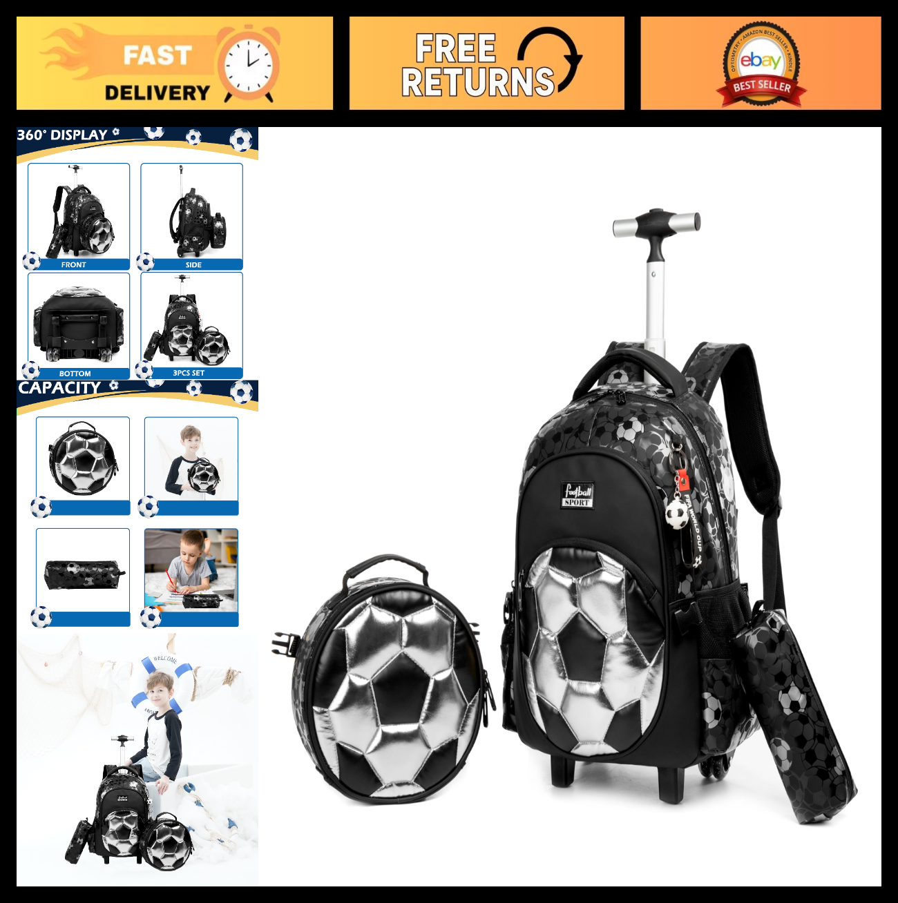 Rolling Backpack with Wheels for Boys   Kids Roller Bag with Lunch Box & Pencil0