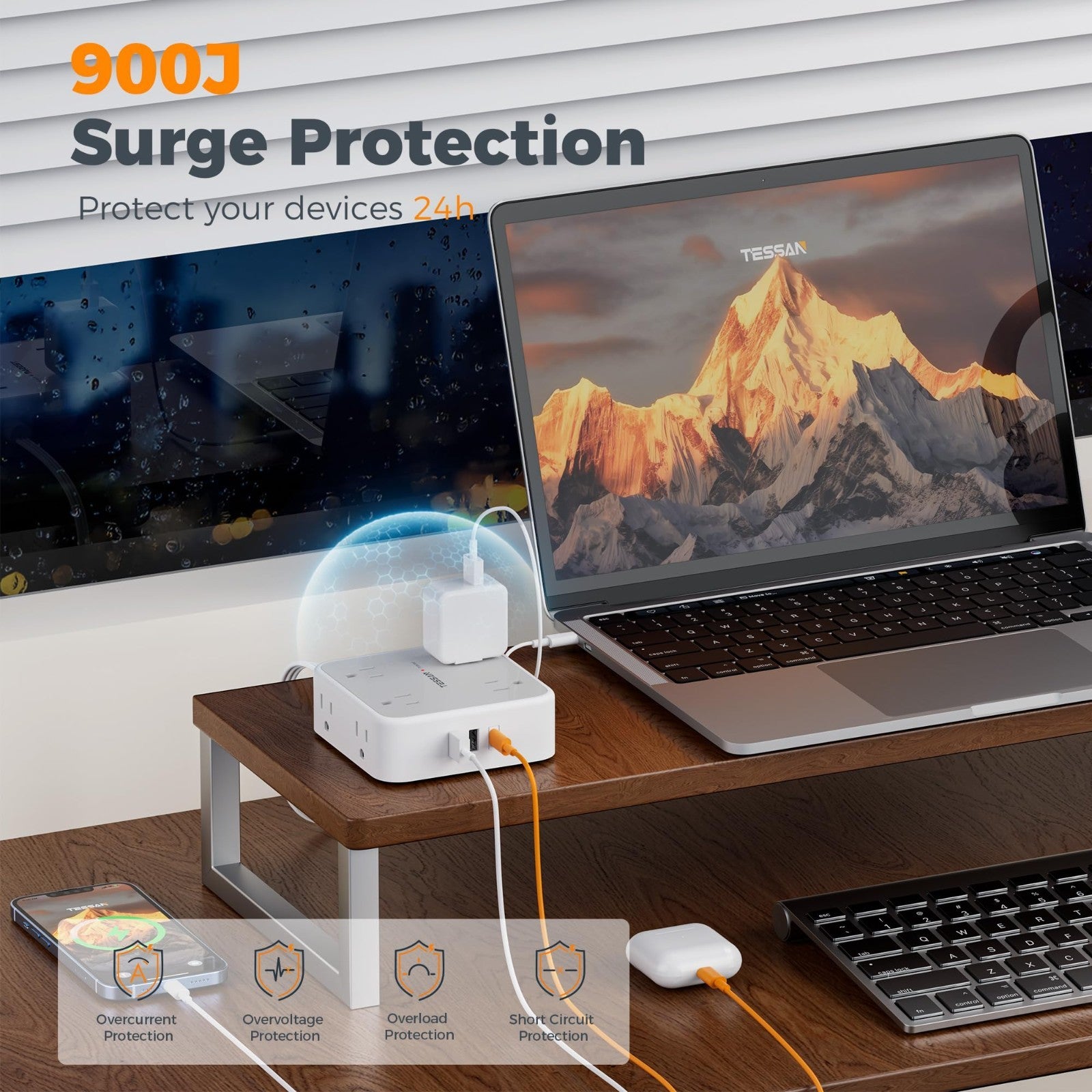 20 Ft Surge Protector Power Strip, 900J Surge Protection, 6 Outlets, Grey4