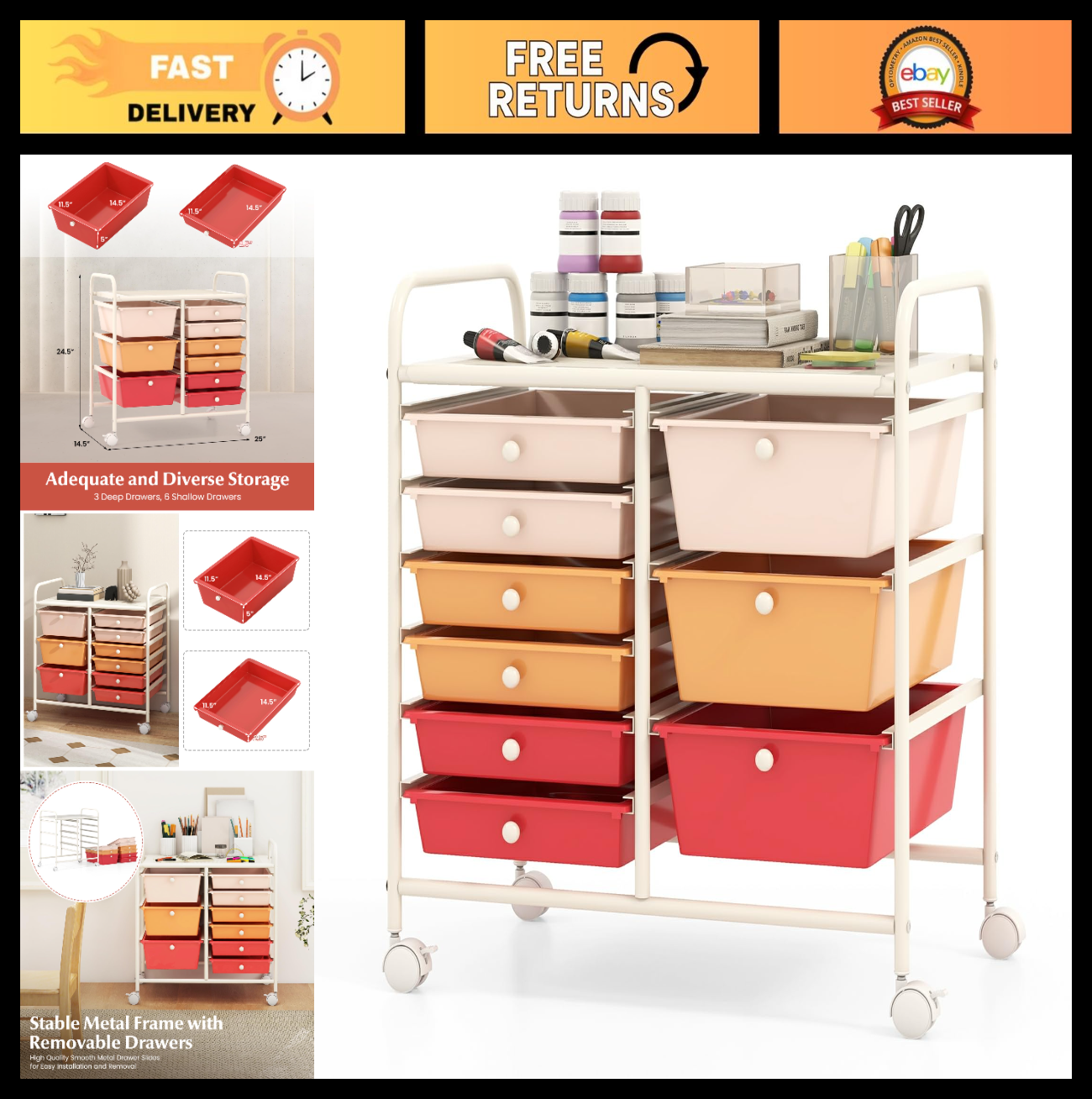 9 Drawer Rolling Storage Cart with Wheels   Mobile Under Desk Organizer for Craf0