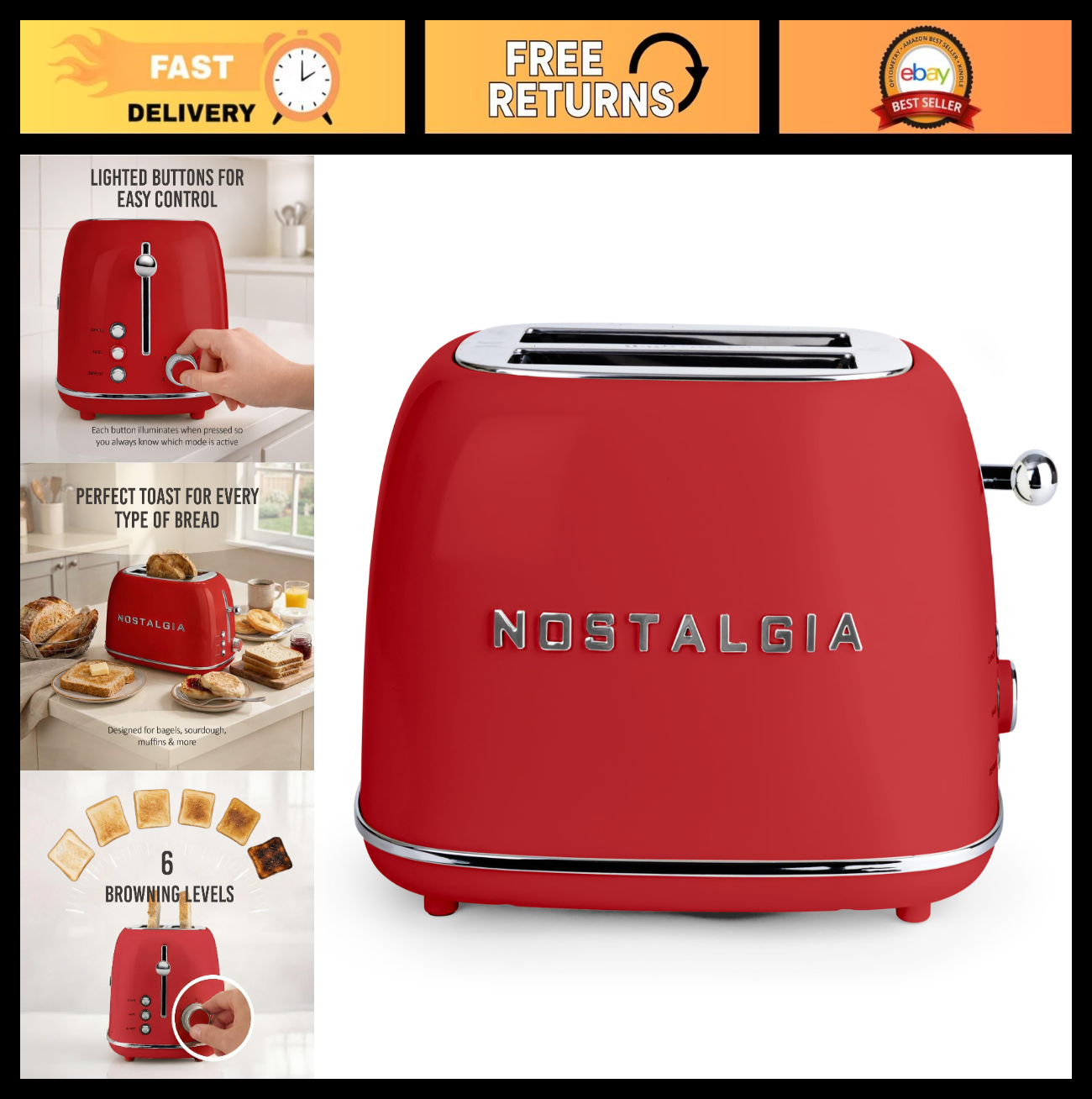 Vintage Retro 2 Slice Toaster   Enamel Steel, Wide Slots, 6 Toast Levels, Red0