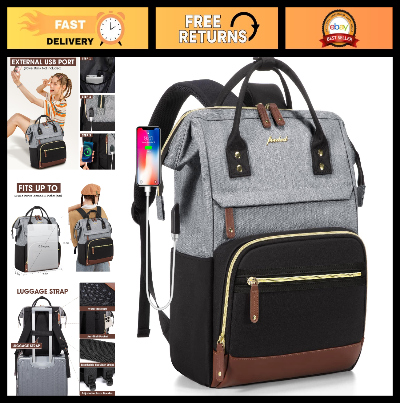 Waterproof 15.6" Laptop Backpack for Women   USB Port, Travel & Work Bag, Black/0