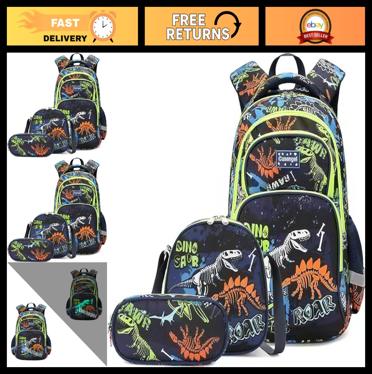 Dinosaur Backpack Set for Kids   3Pcs with Lunch Box & Pencil Case, Perfect Gift0