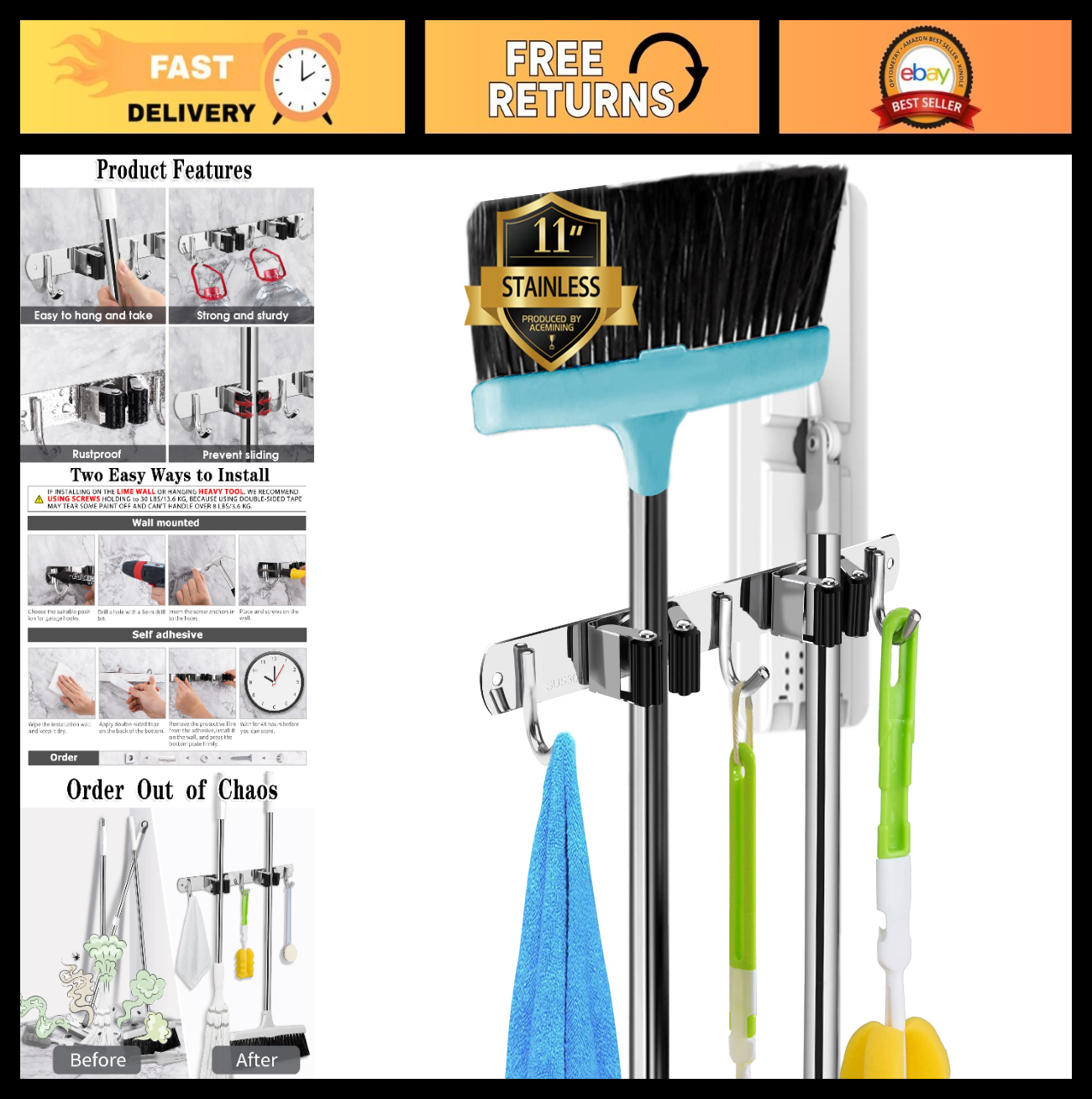 Heavy Duty Wall Mount Broom Holder - 2 Racks & 3 Hooks Mop Organizer Storage0