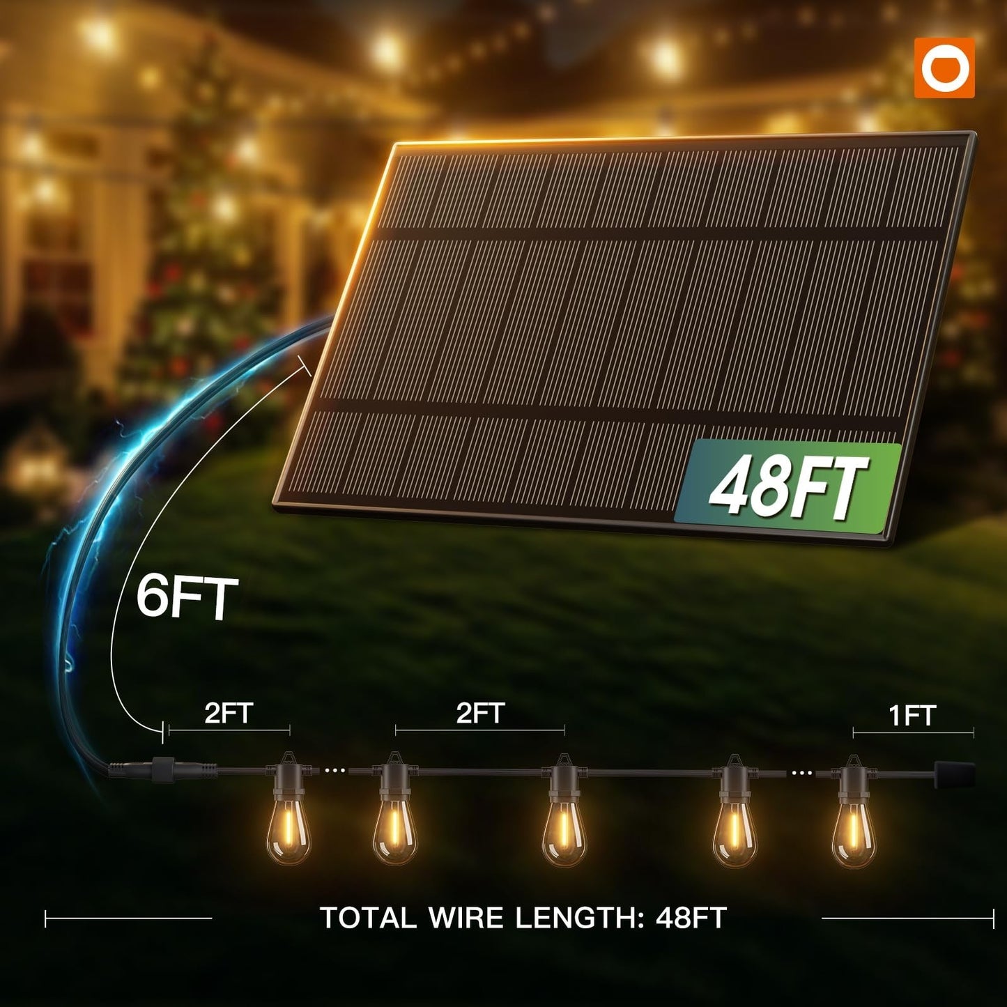 54FT Solar String Lights Outdoor, 24 Bulbs, USB Charging, IP65 Waterproof, Dimma4