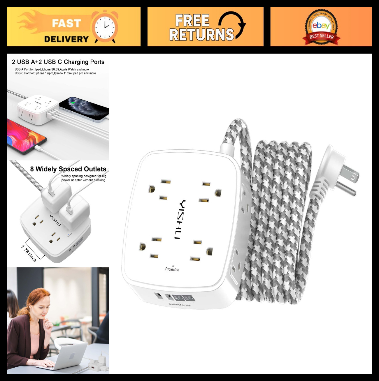 8 Outlet Surge Protector Power Strip with 4 USB Ports, 10Ft Braided Cord, Flat P0