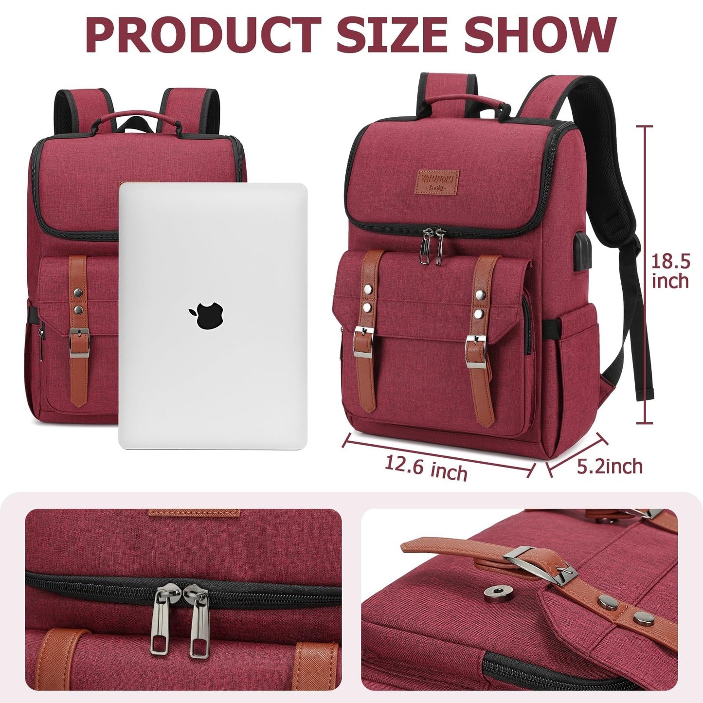 Vintage Travel Laptop Backpack with USB Charging Port for 15.6" Laptops - Red Br4