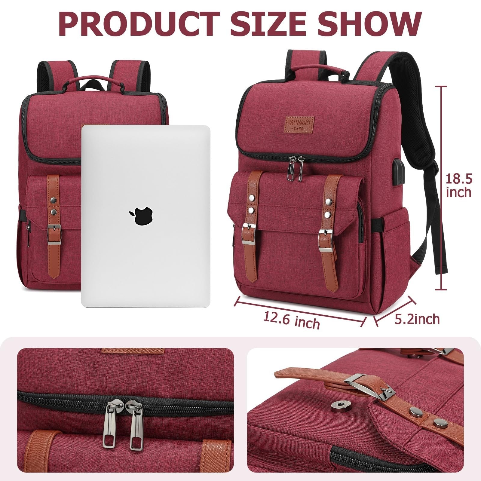 Vintage Travel Laptop Backpack with USB Charging Port for 15.6" Laptops - Red Br4
