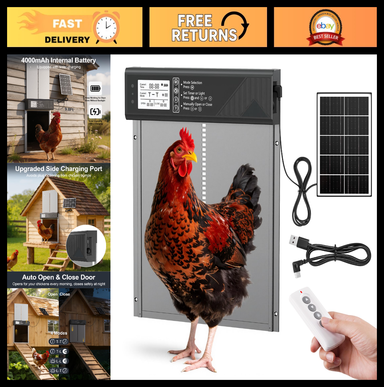Automatic Chicken Coop Door Solar Powered with Timer & Light Sensor, Remote Cont0