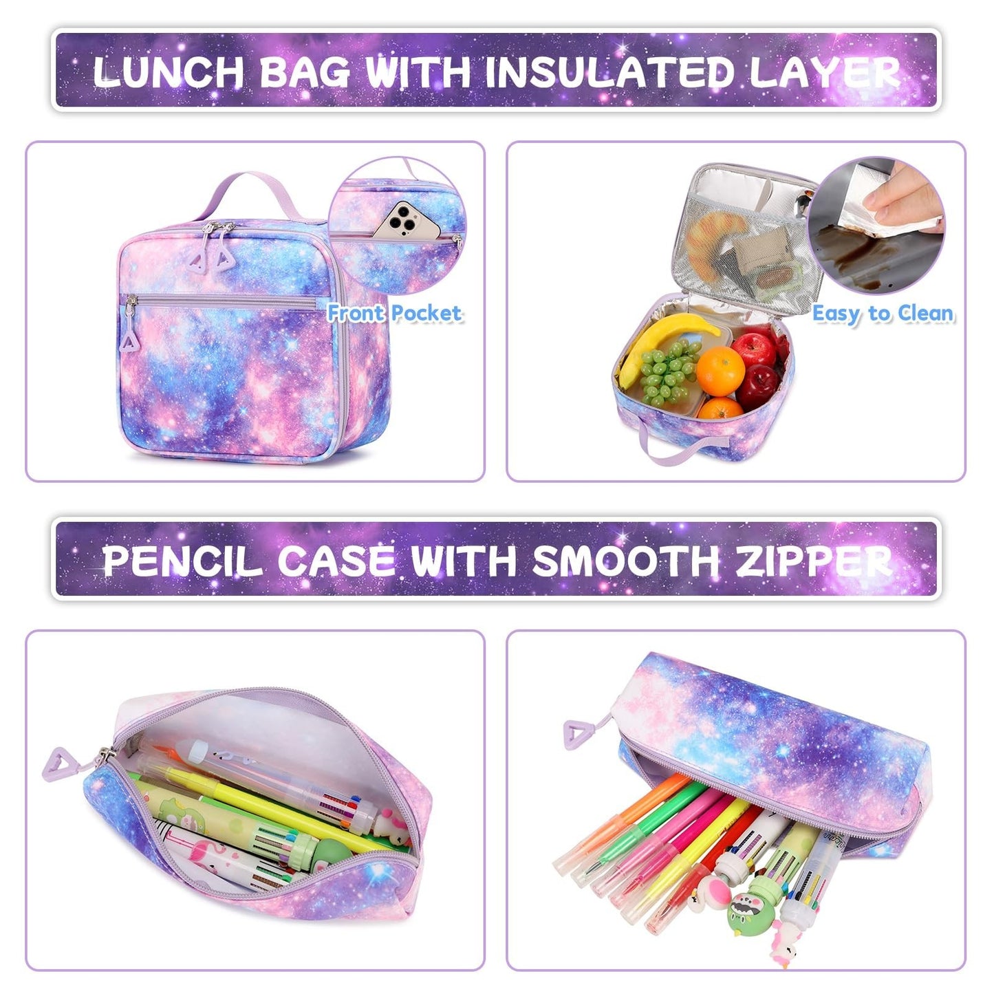 Kawaii 3pcs Kids Backpack Set with Lunch Box - Girls Book Bag for School, Galaxy7
