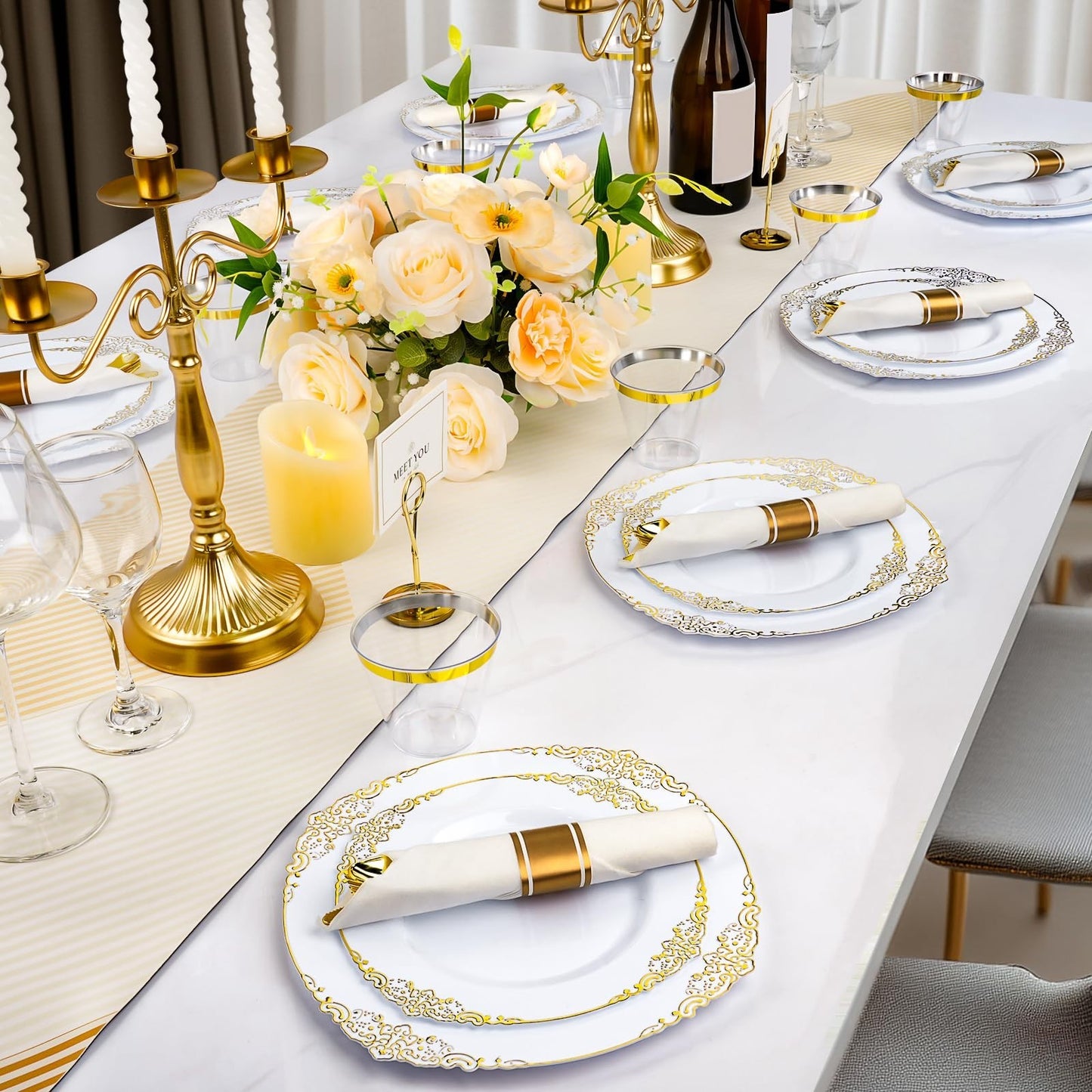 350-Piece White & Gold Disposable Dinnerware Set for 50 Guests | Plates, Silverw6