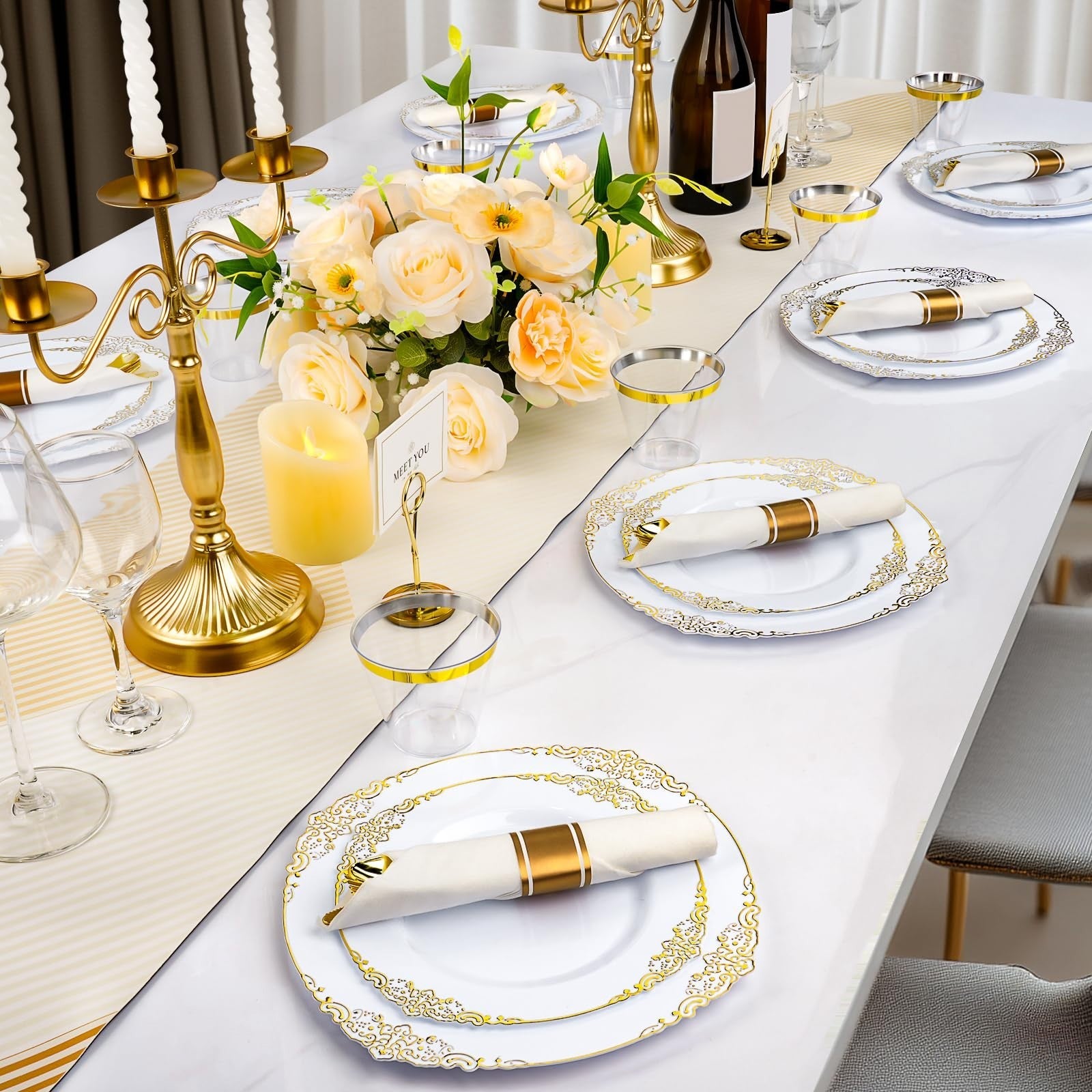 350-Piece White & Gold Disposable Dinnerware Set for 50 Guests | Plates, Silverw6