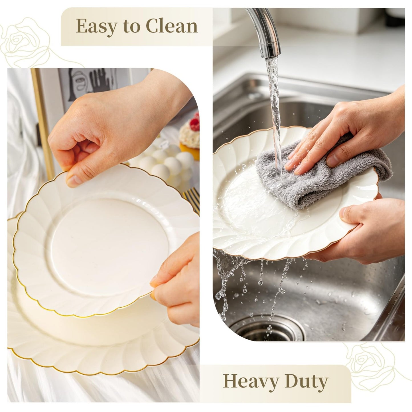 50PCS Heavy Duty Ivory Scalloped Plastic Plates with Gold Rim - 25 Dinner & 25 D6