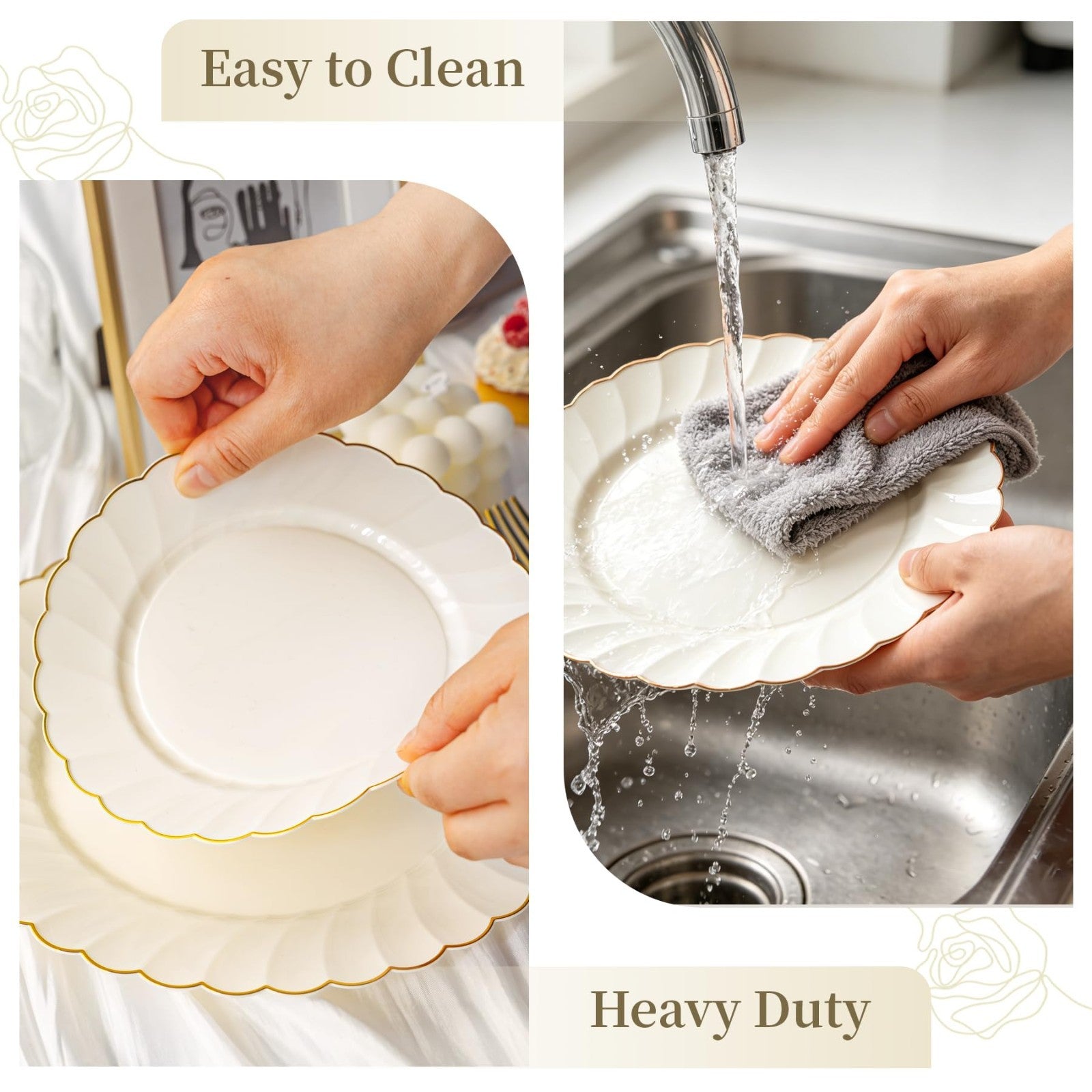 50PCS Heavy Duty Ivory Scalloped Plastic Plates with Gold Rim - 25 Dinner & 25 D6