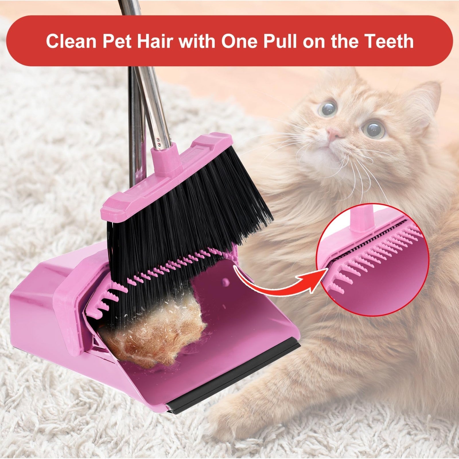 51'' Broom & Dustpan Set - Standing Broom for Pet Hair & Floor Cleaning - Pink4