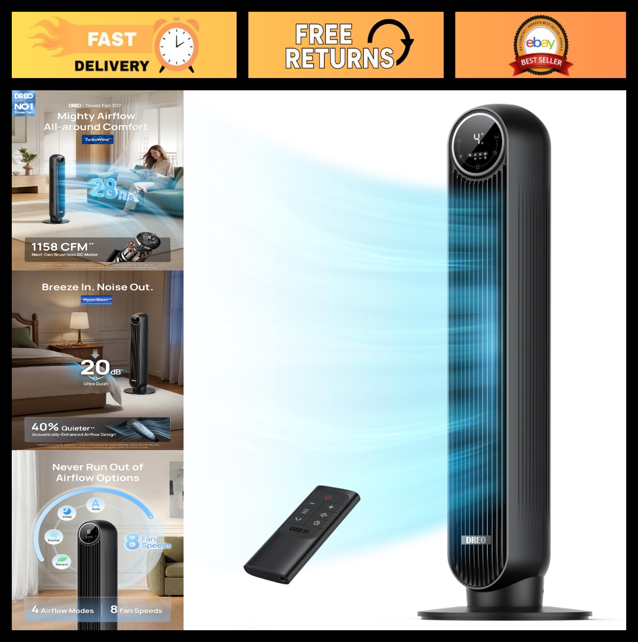 Bladeless Tower Fan with 28ft/s Velocity, 20dB Ultra Quiet, 8 Speeds, 90° Oscill0