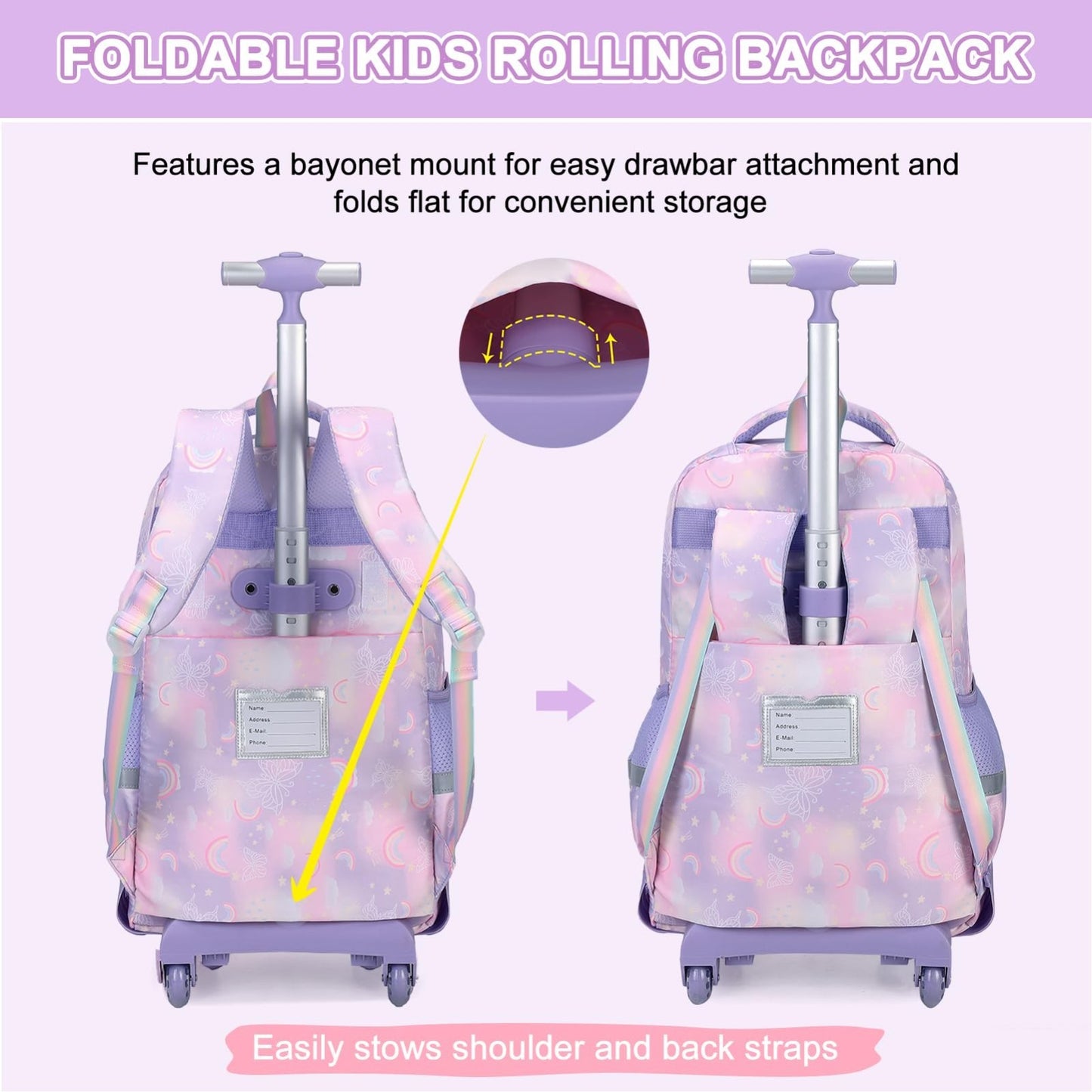 3PCS Girls Rainbow Butterfly Rolling Backpack Set with Lunch Box   Purple3