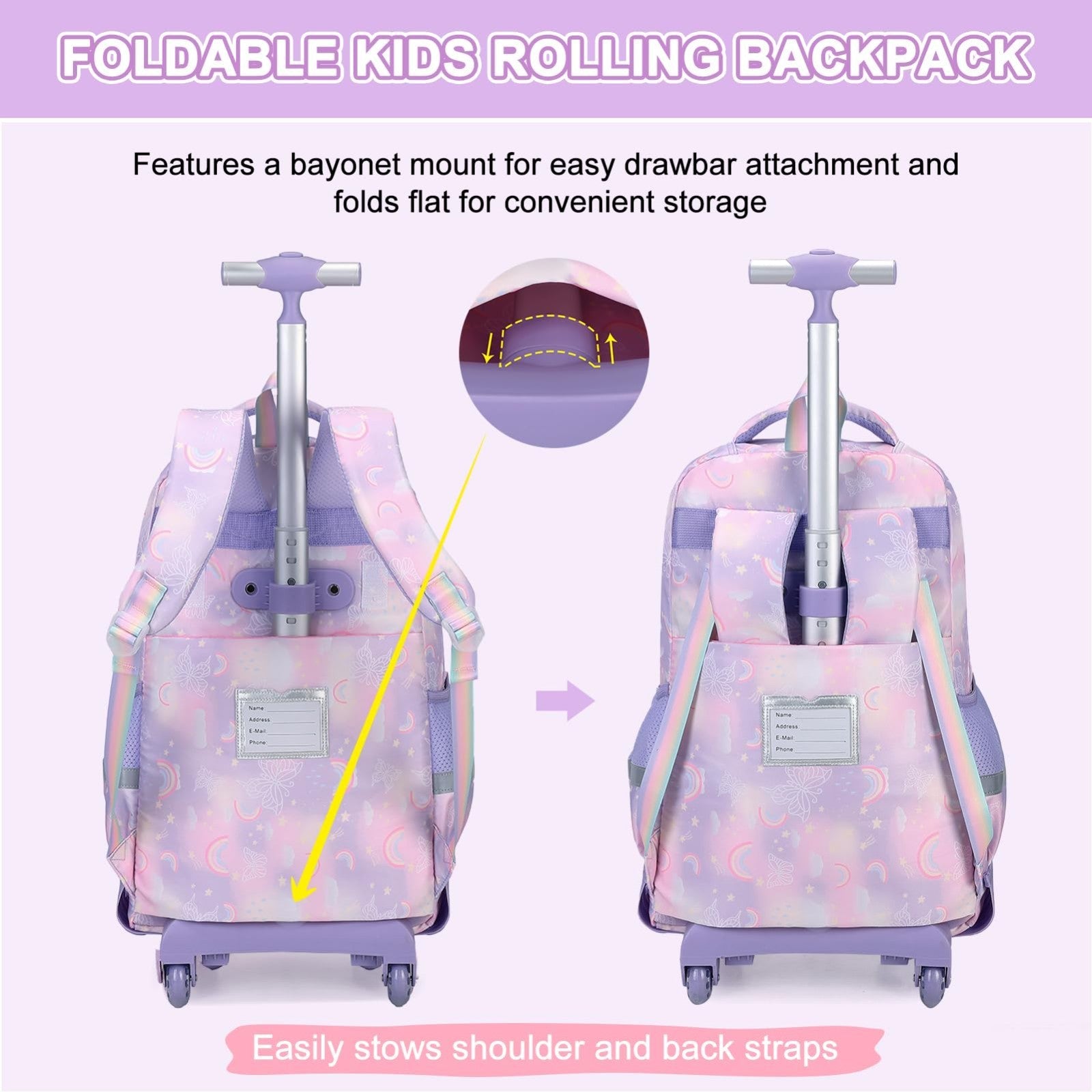3PCS Girls Rainbow Butterfly Rolling Backpack Set with Lunch Box   Purple3