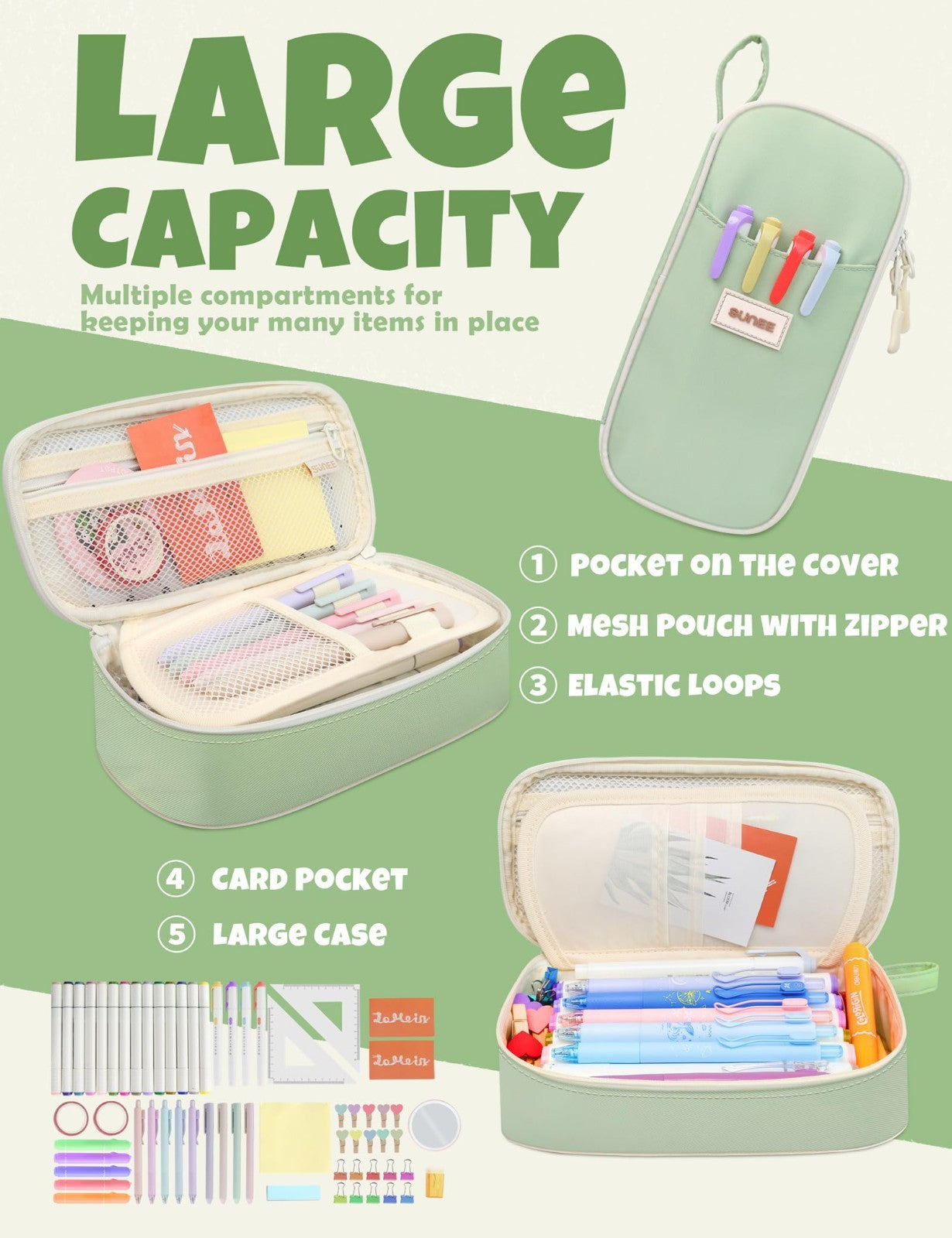 Cute Aesthetic Pencil Case, Large Zippered Pen Pouch, Kawaii Stationery Organize3