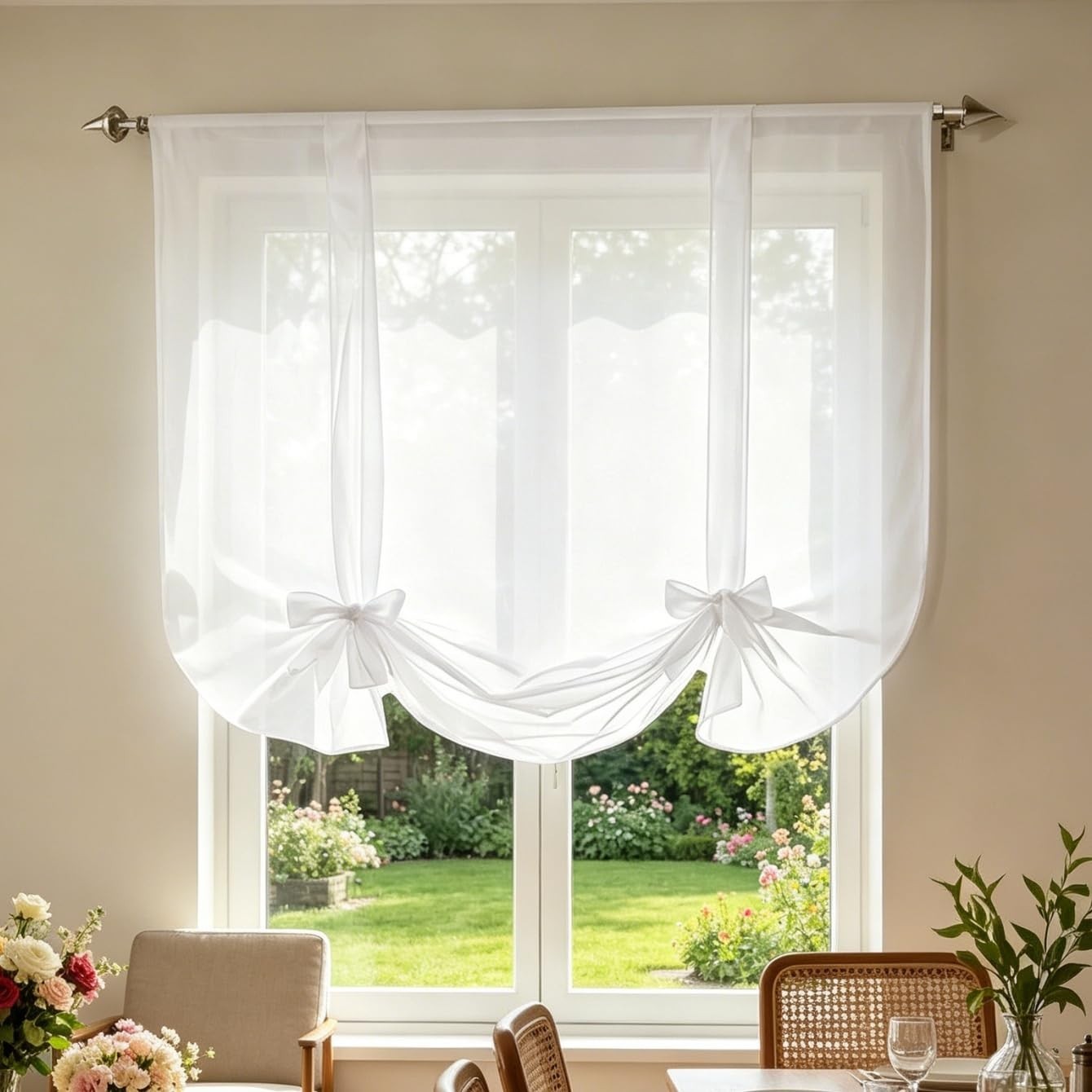 Light Filtering White Tie Up Sheer Voile Curtain | Adjustable Balloon Shade Vala1