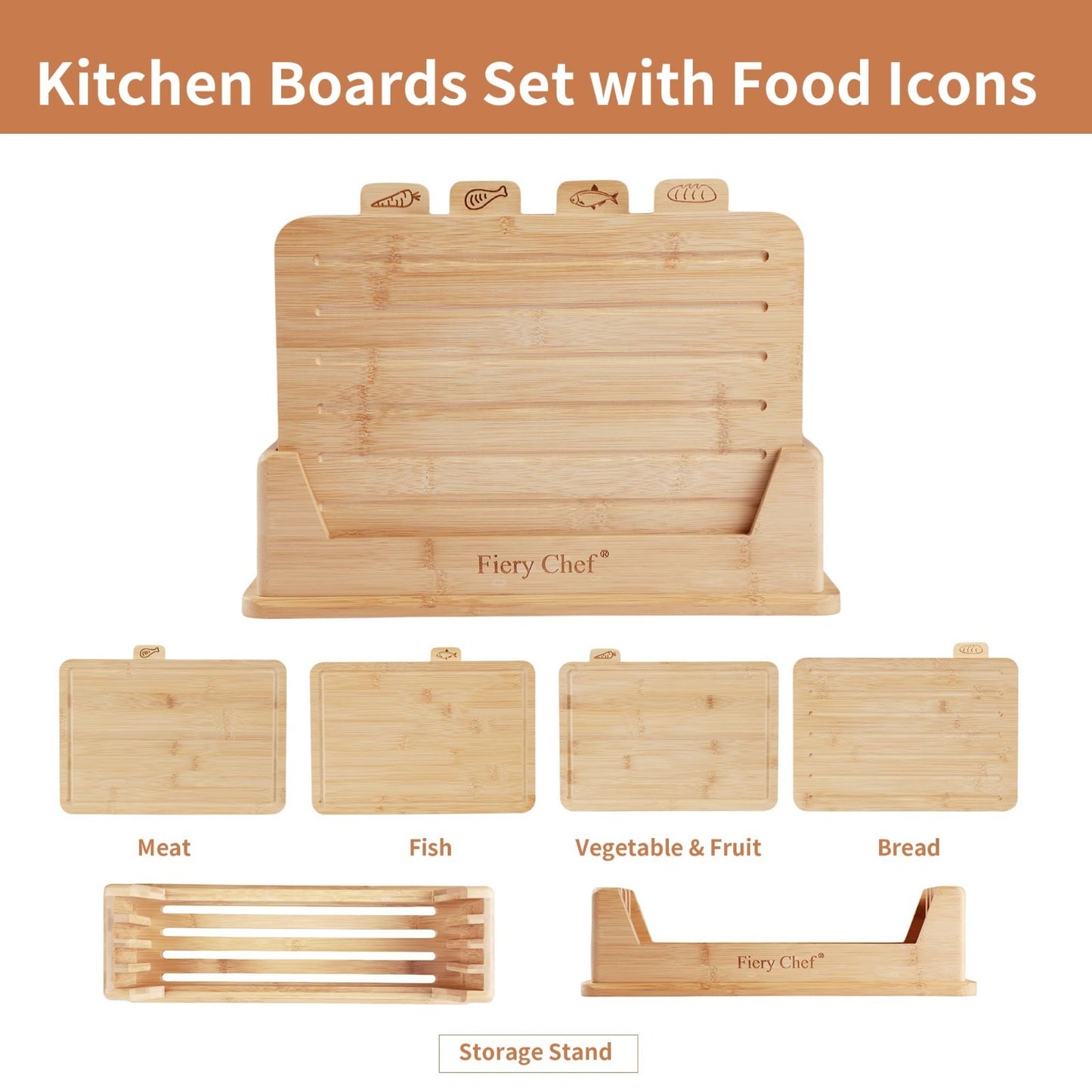 Set of 4 Bamboo Cutting Boards with Holder - Juice Groove, Food Icons, Ideal for3
