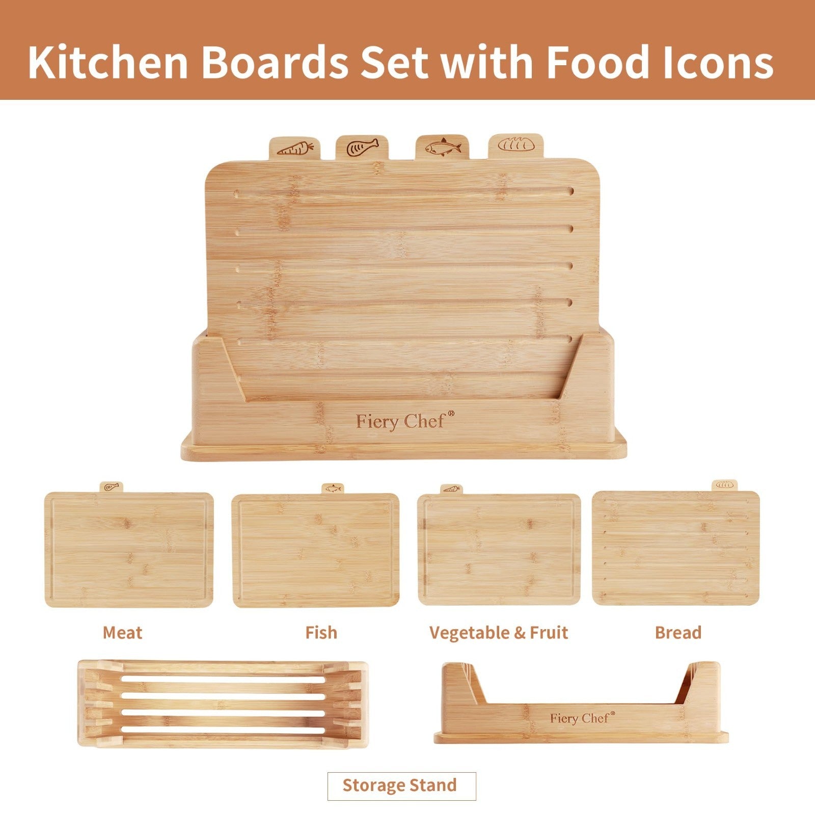 Set of 4 Bamboo Cutting Boards with Holder - Juice Groove, Food Icons, Ideal for3
