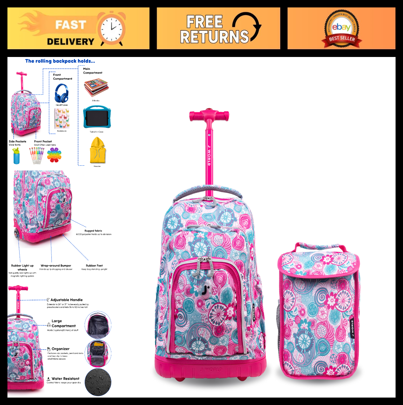Kids Rolling Backpack & Lunch Bag Set   Carry On Suitcase with Wheels, Blue Rasp0