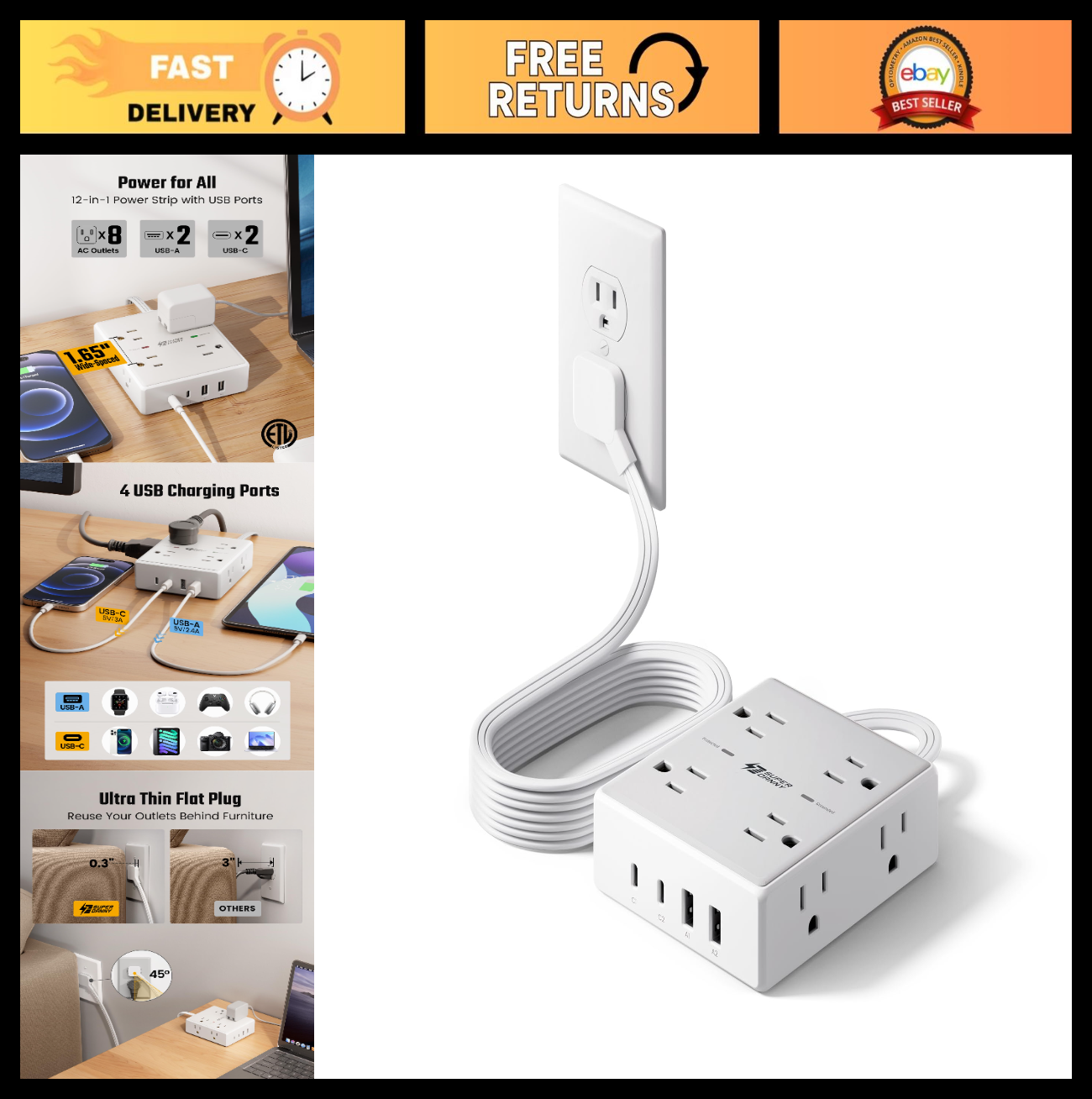 Flat Plug Surge Protector Power Strip with 6ft Extension Cord   6 Outlets, 2 USB0